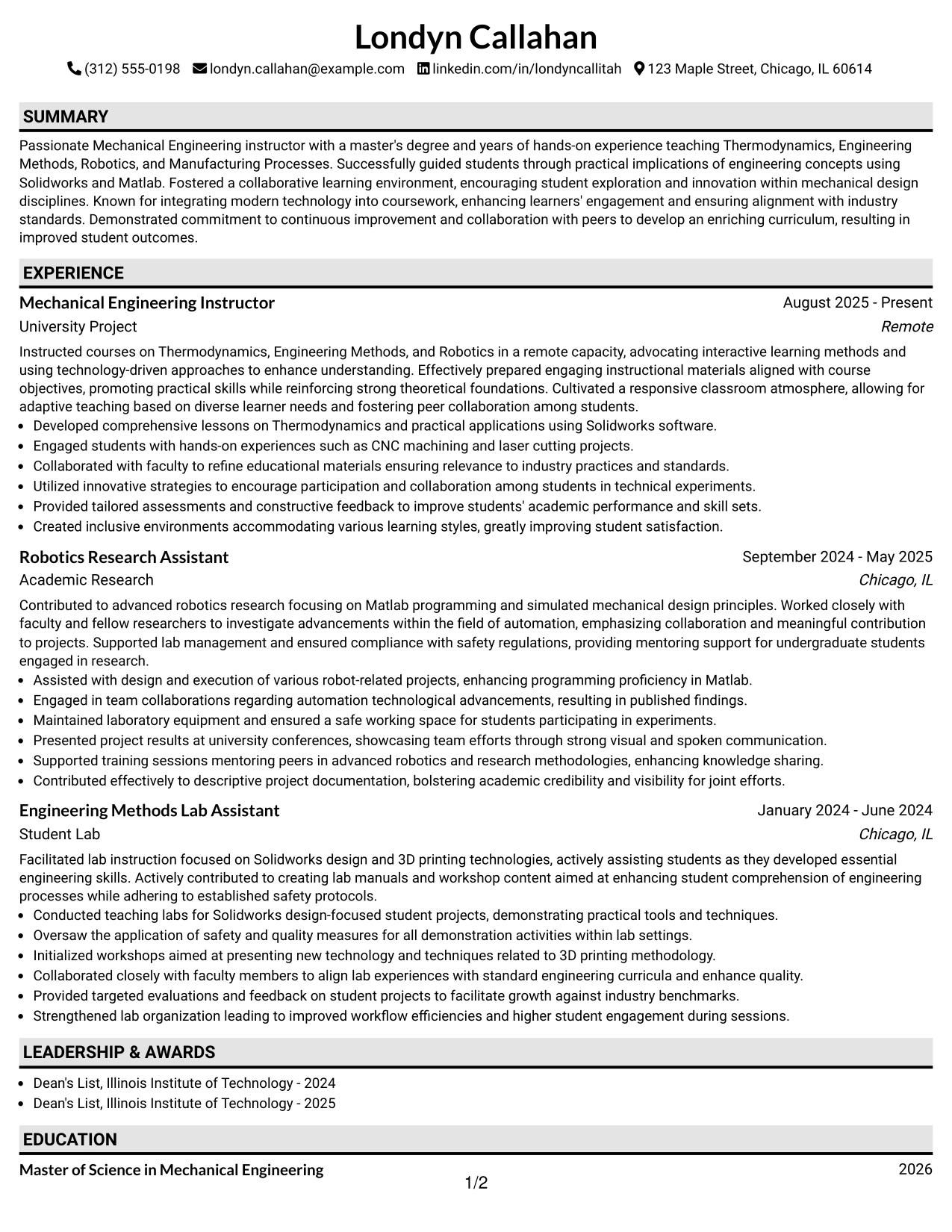 Resume Example Page 1