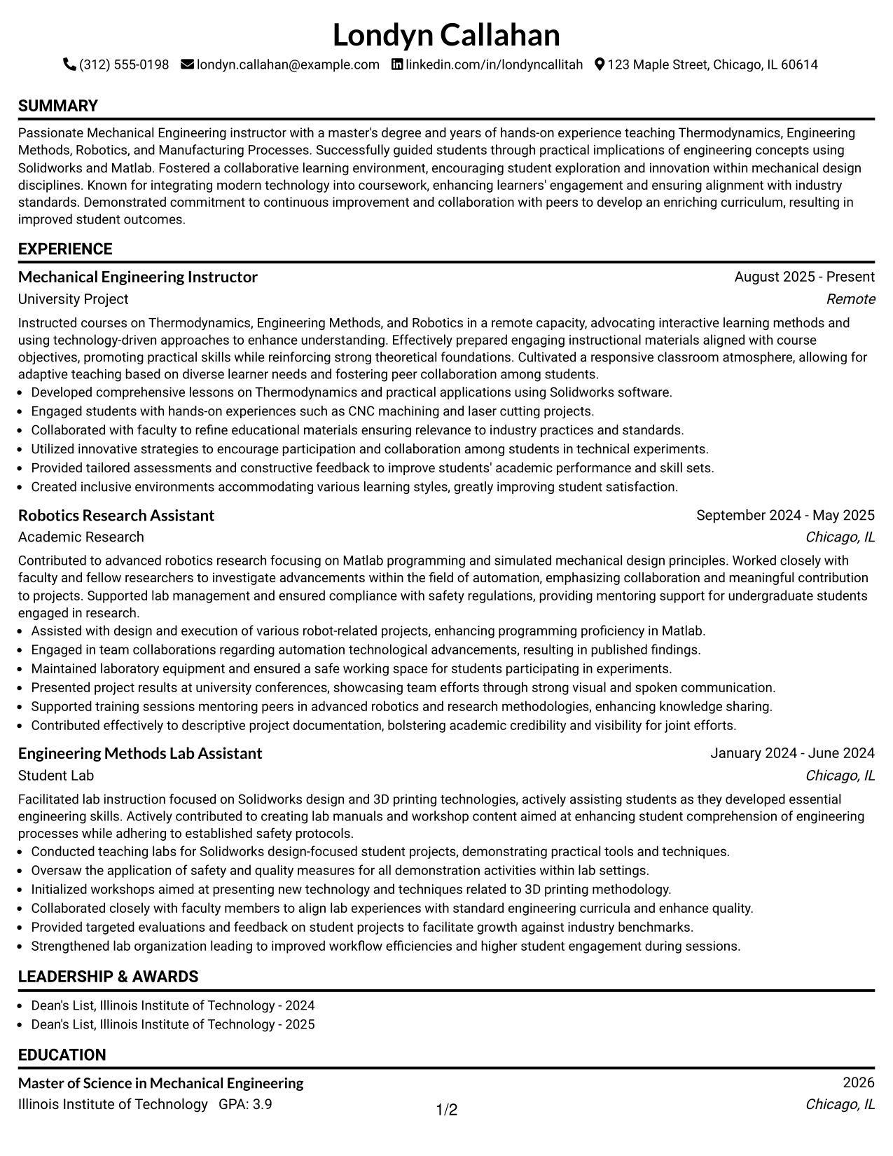 Resume Example Page 1