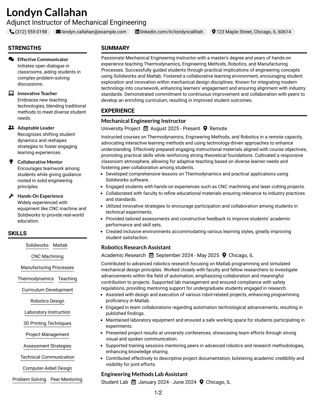Resume Example Page 1