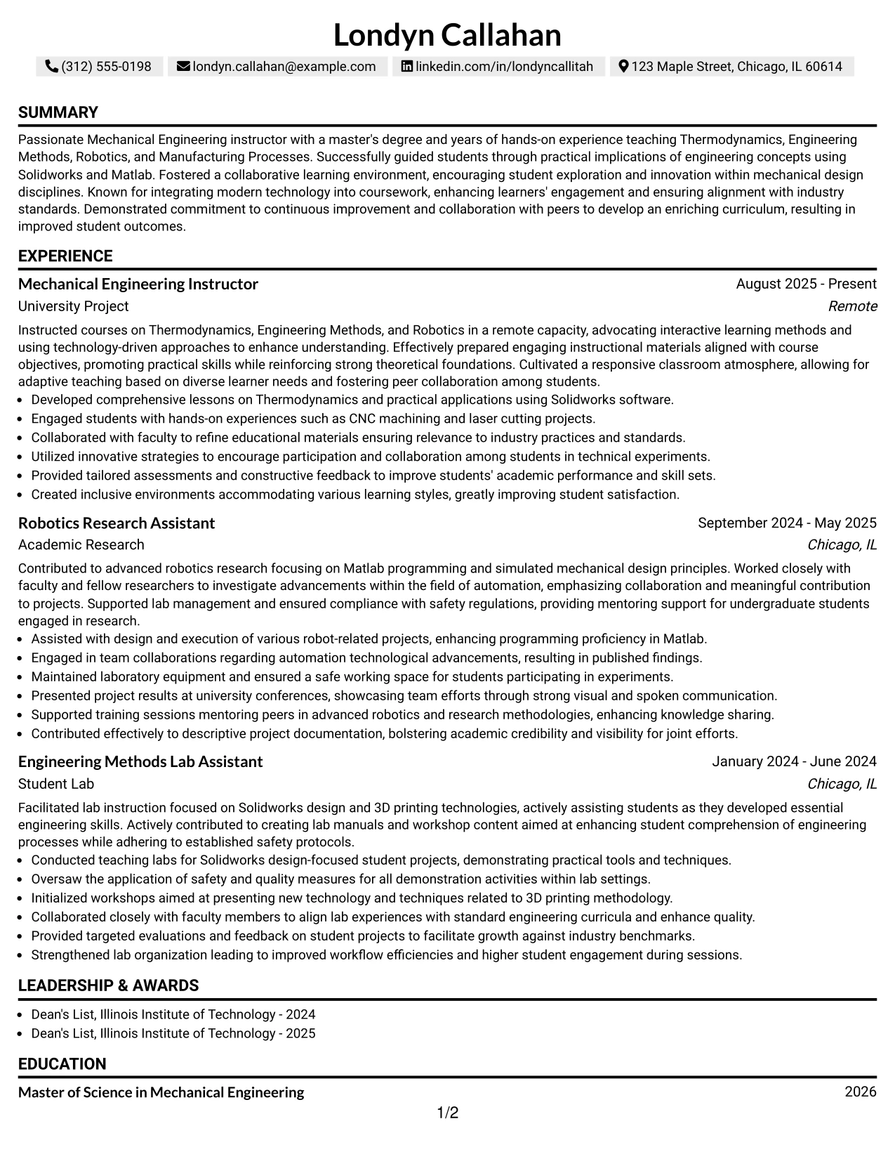 Resume Example Page 1