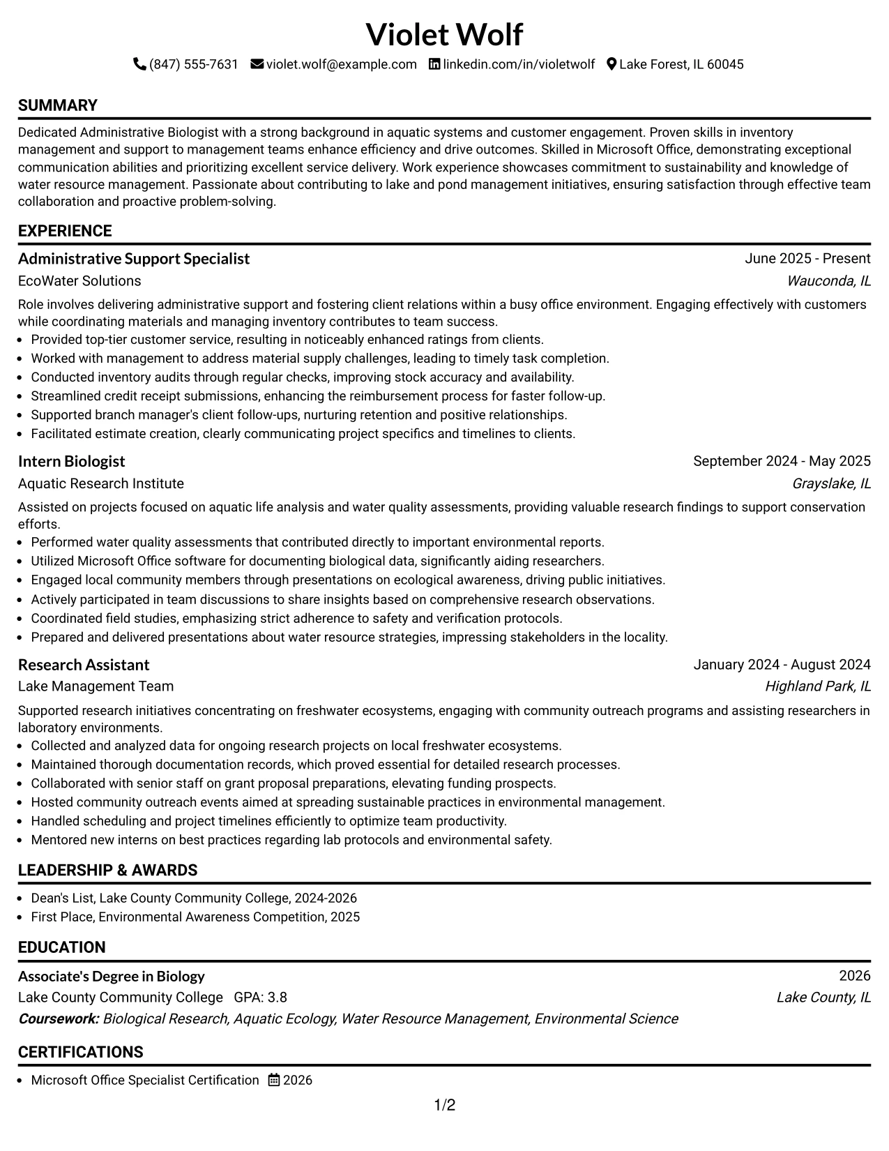 Resume Example Page 1