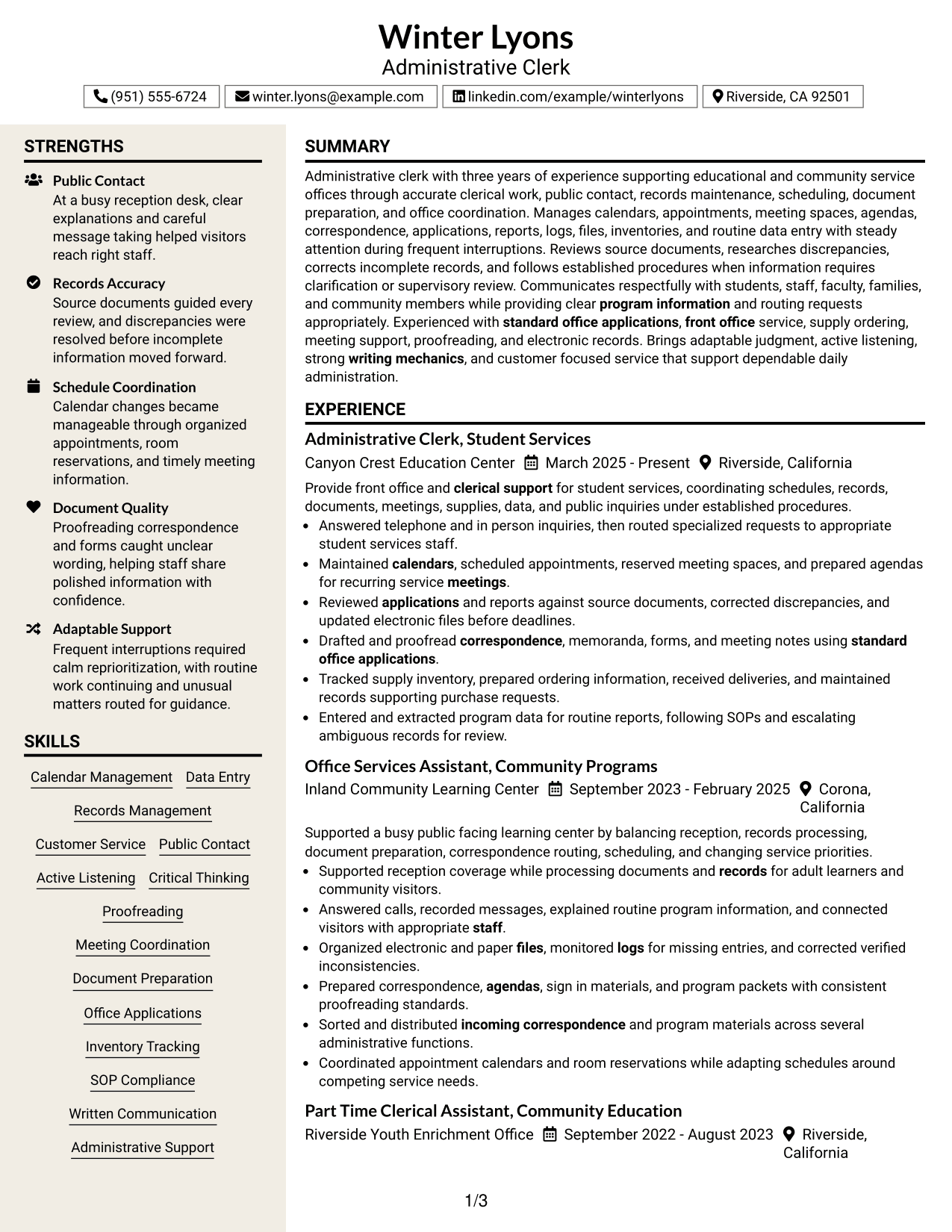 Resume Example Page 1