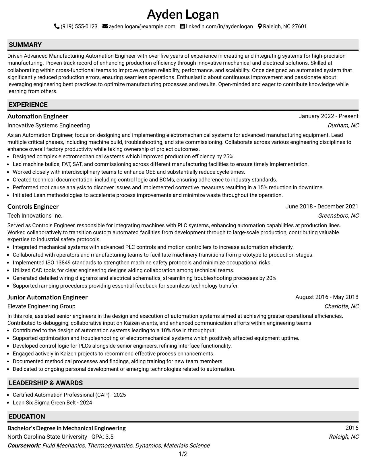 Resume Example Page 1