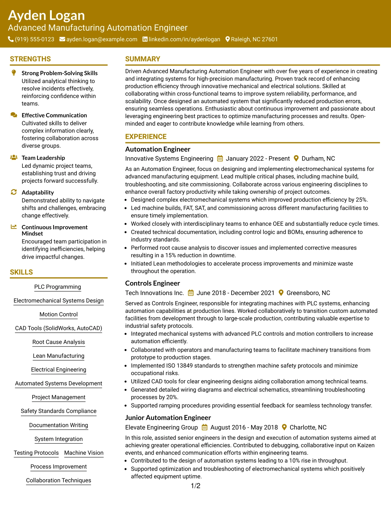 Resume Example Page 1