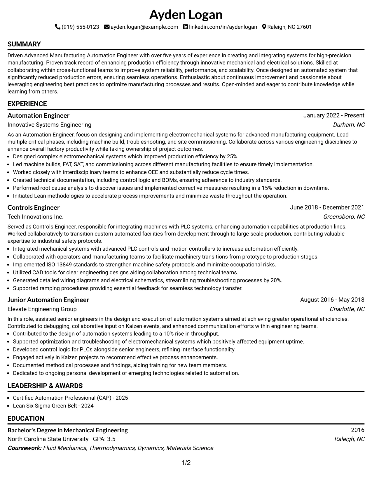 Resume Example Page 1