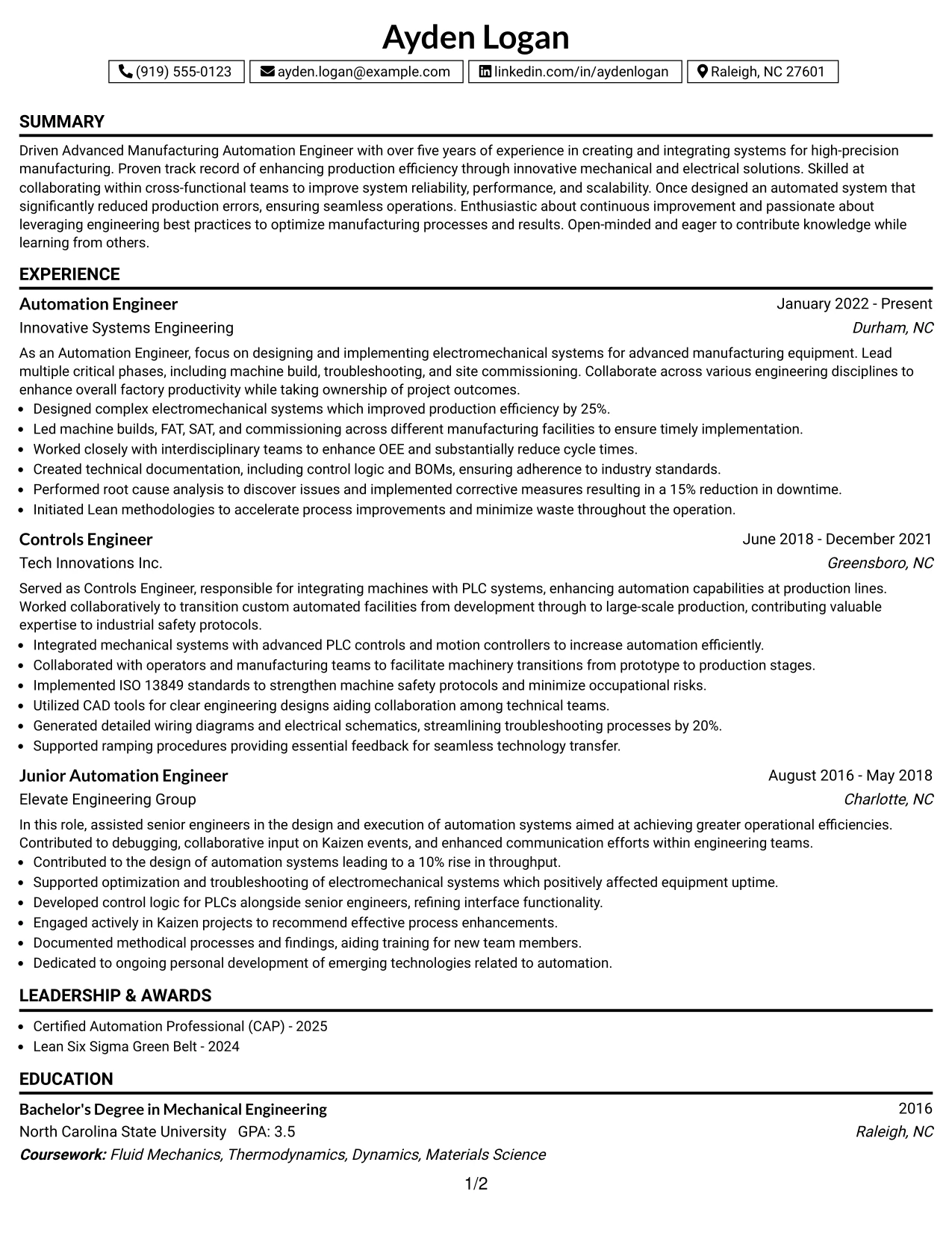 Resume Example Page 1