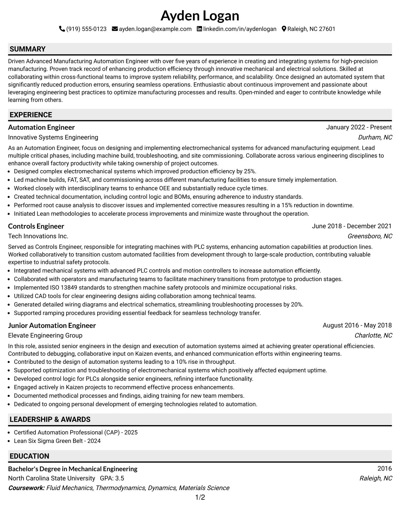Resume Example Page 1