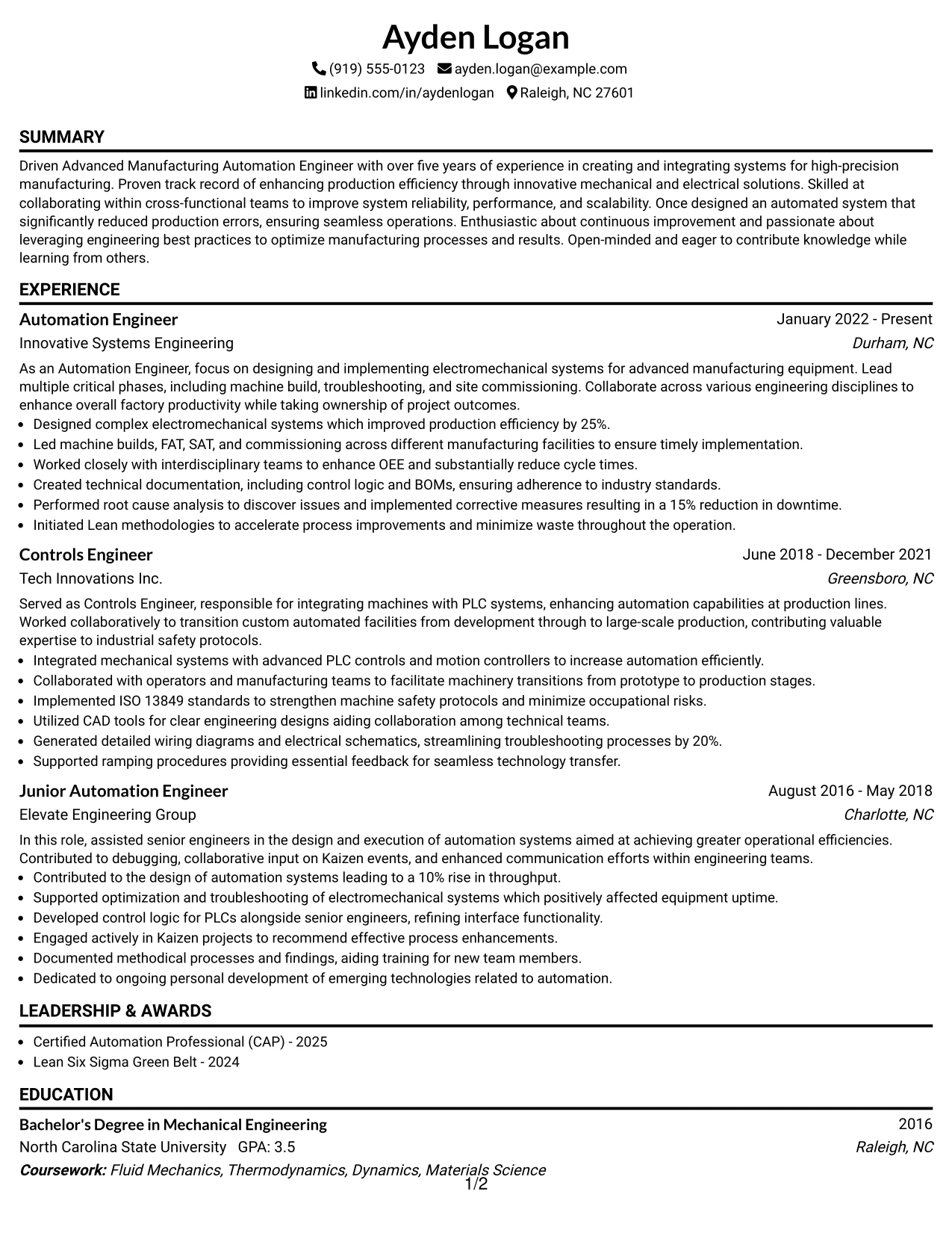 Resume Example Page 1