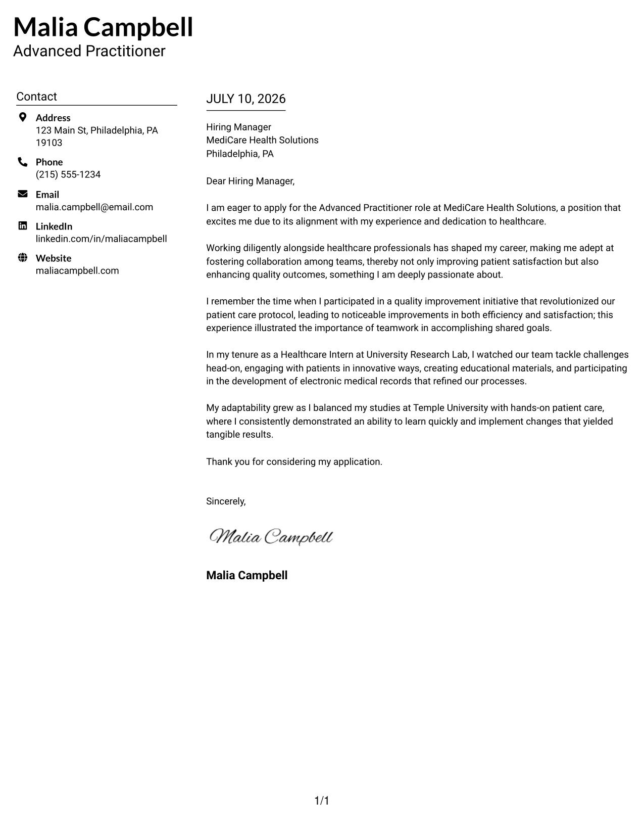 Resume Example Page 1