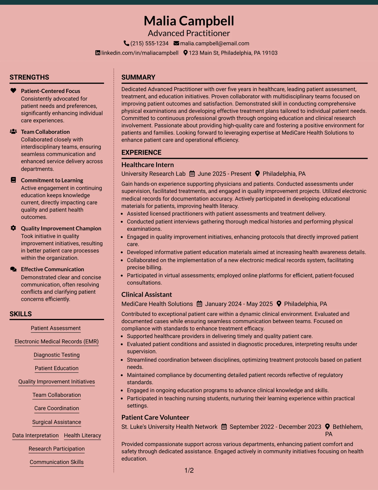 Resume Example Page 1
