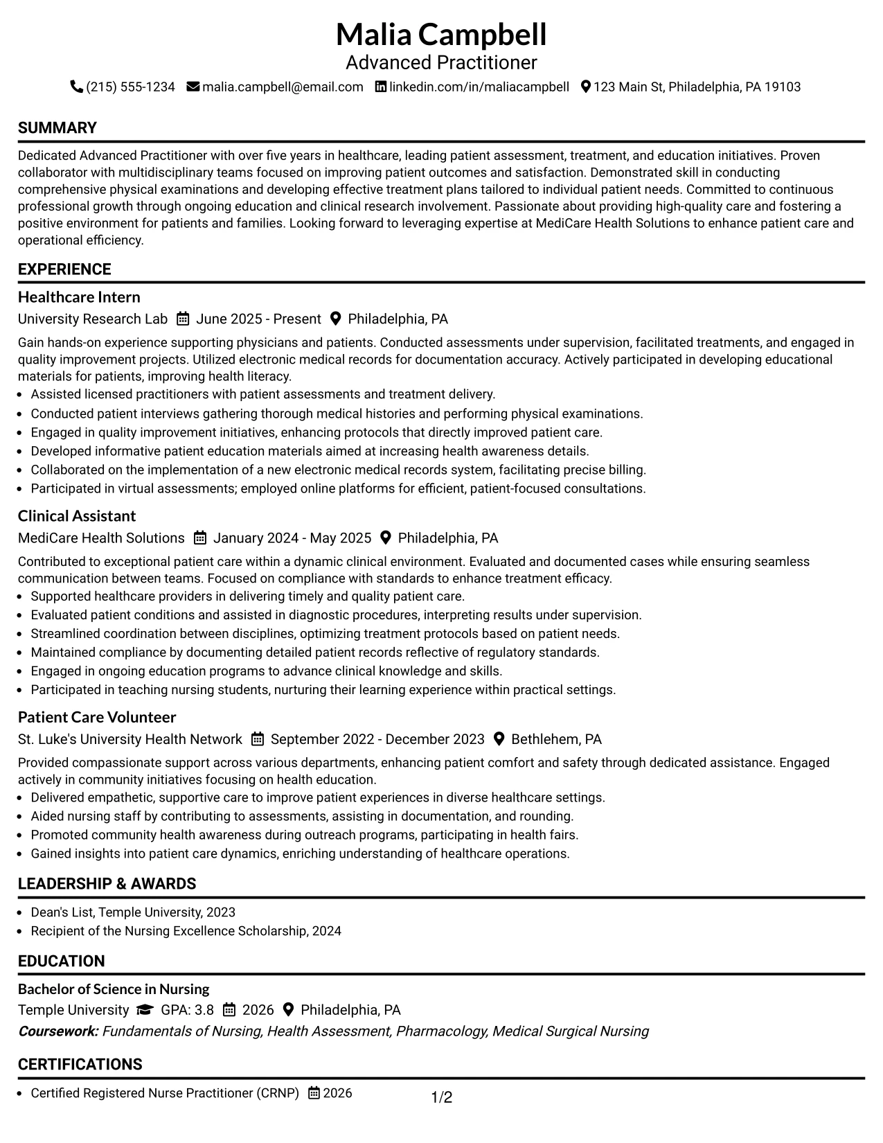 Resume Example Page 1