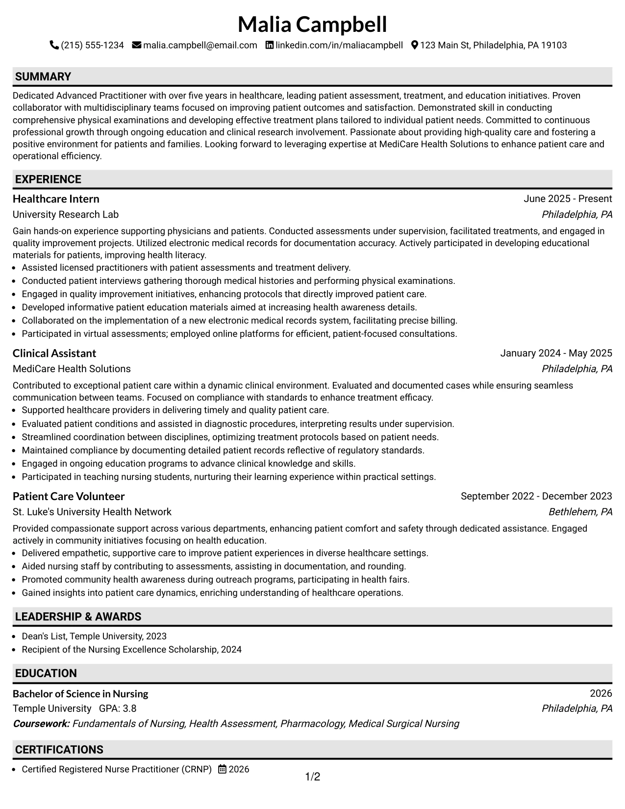 Resume Example Page 1