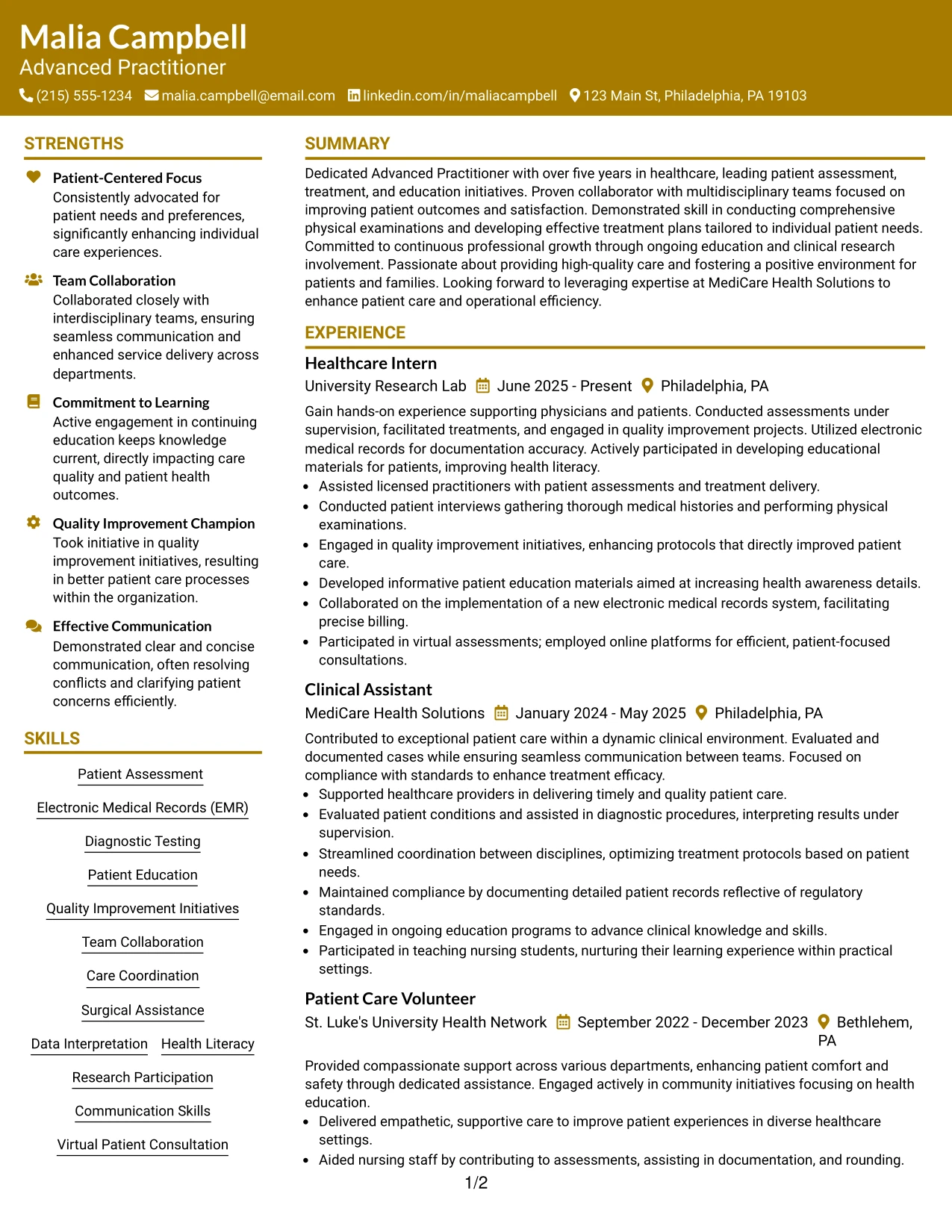 Resume Example Page 1