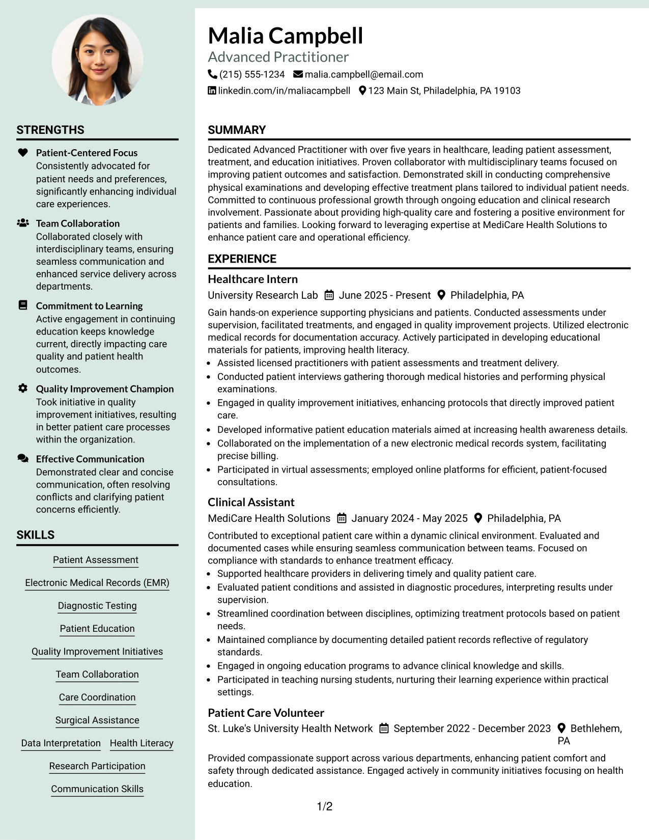 Resume Example Page 1