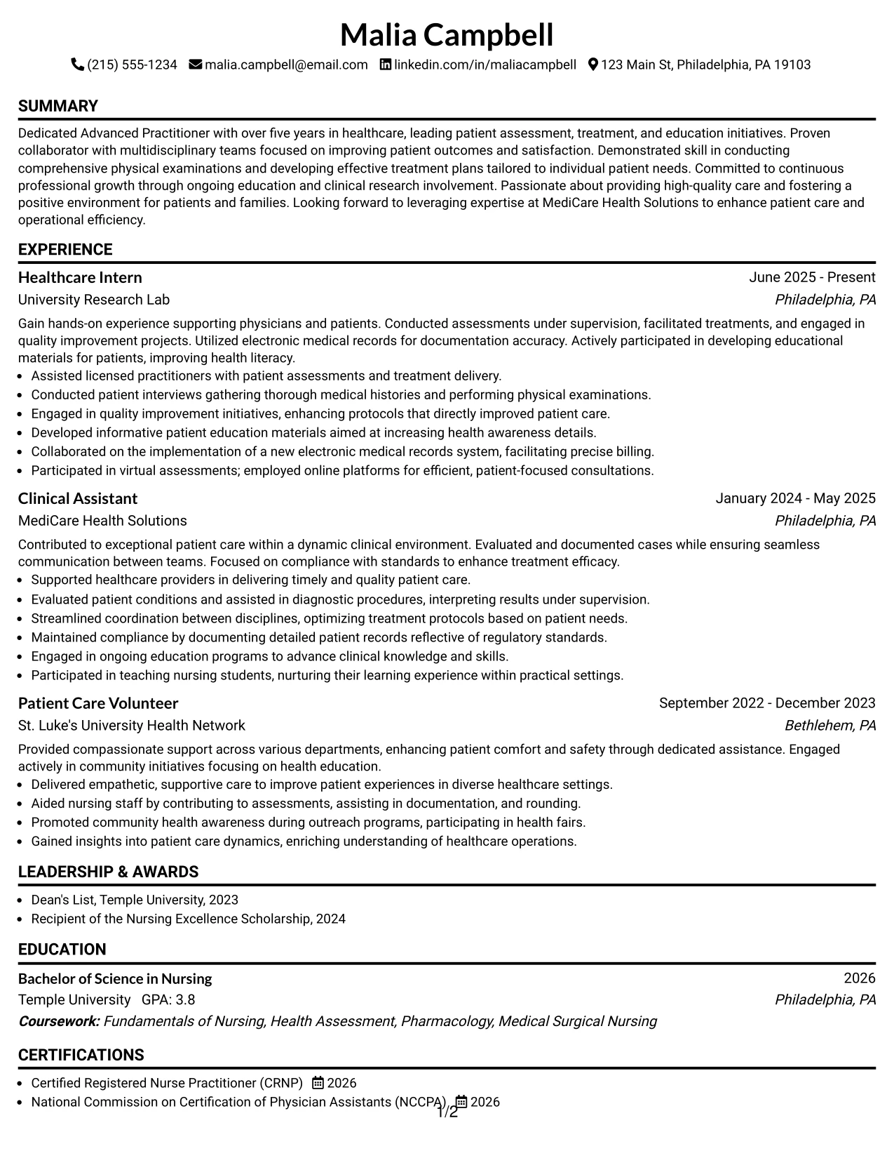 Resume Example Page 1