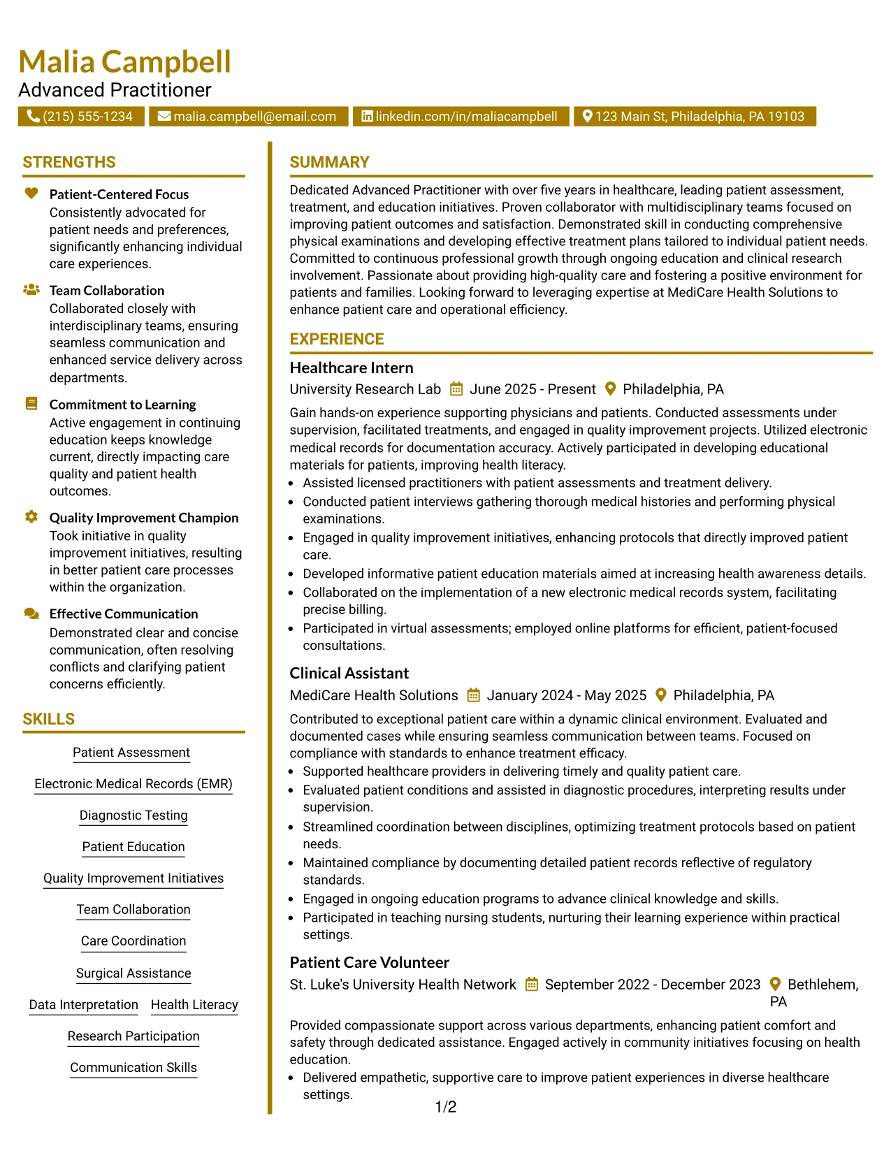 Resume Example Page 1