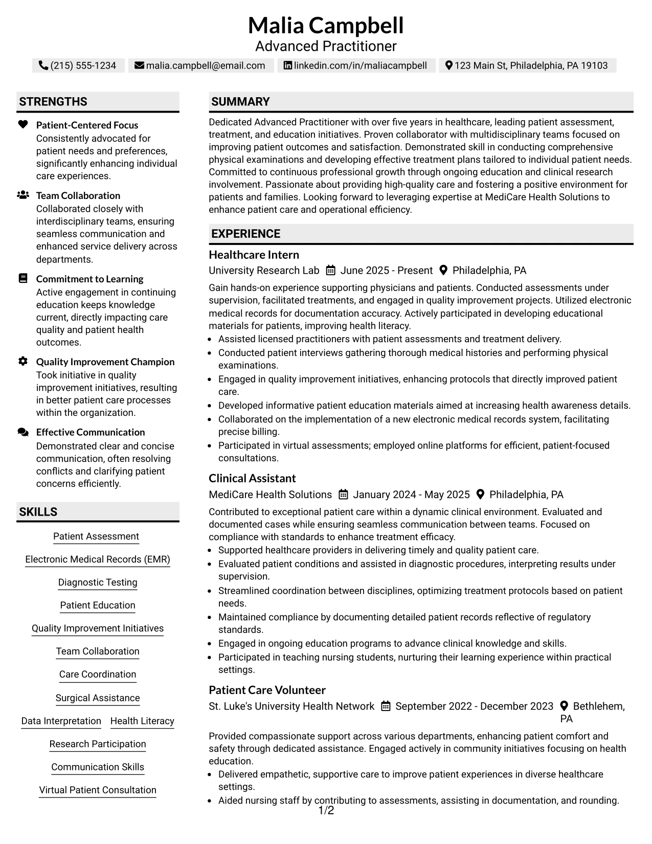 Resume Example Page 1
