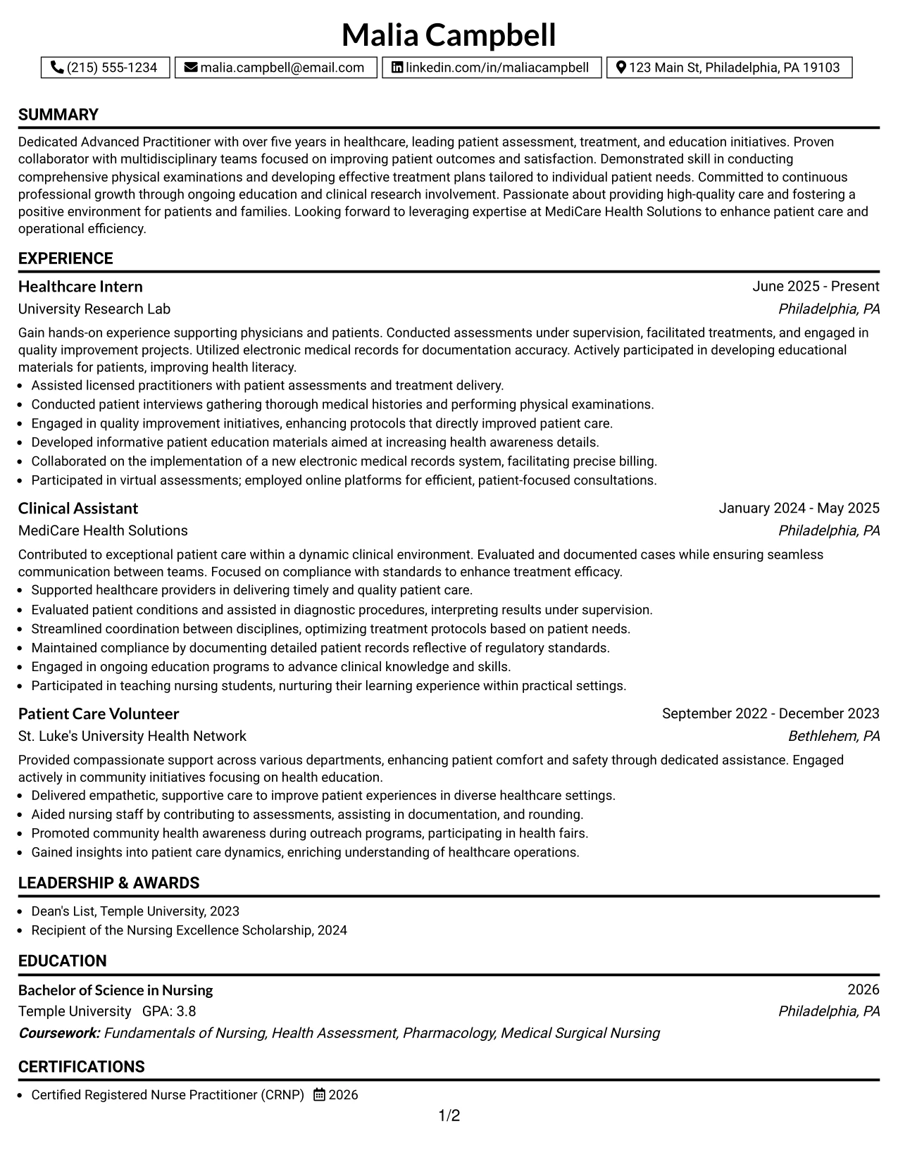 Resume Example Page 1