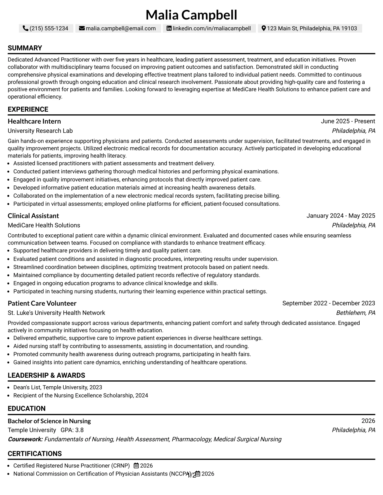 Resume Example Page 1