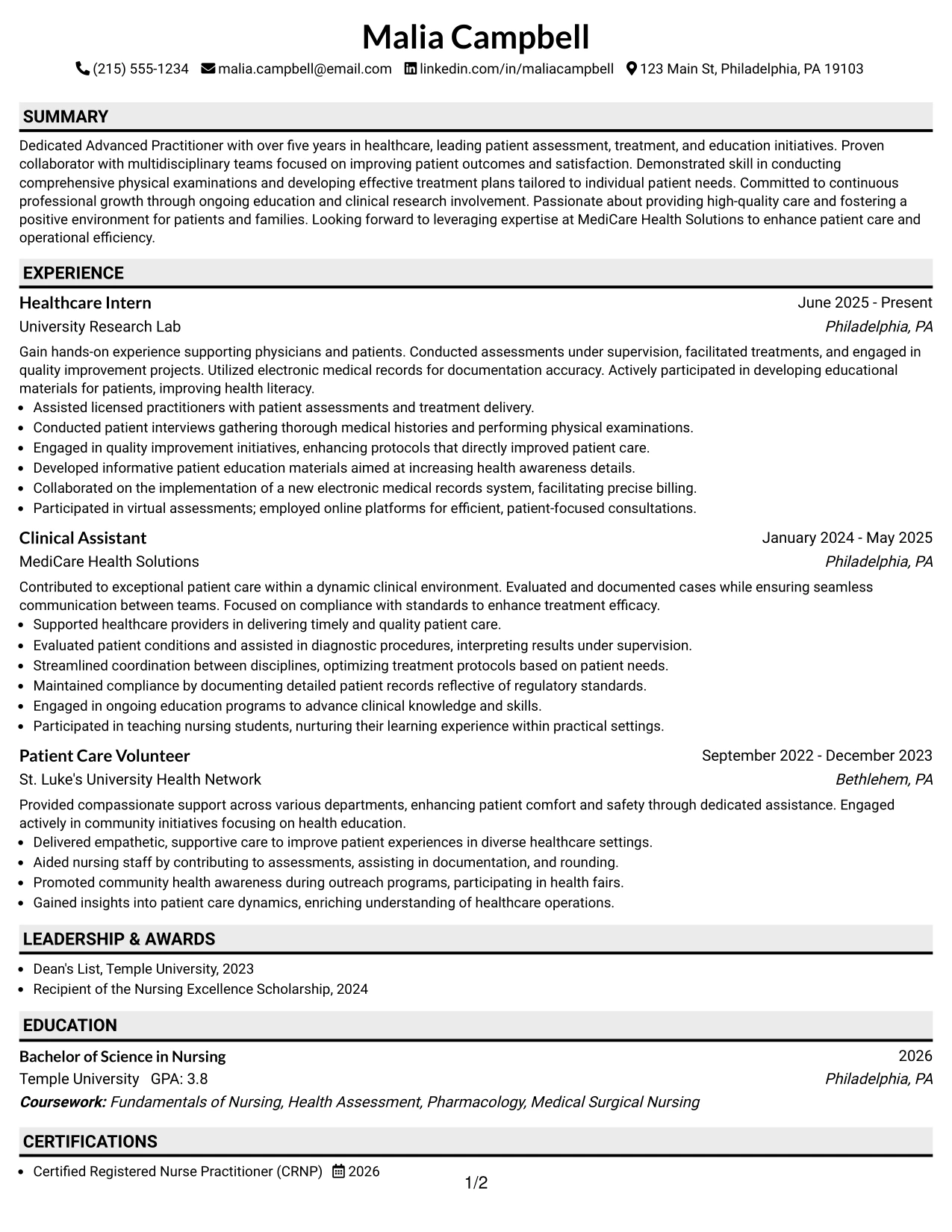 Resume Example Page 1