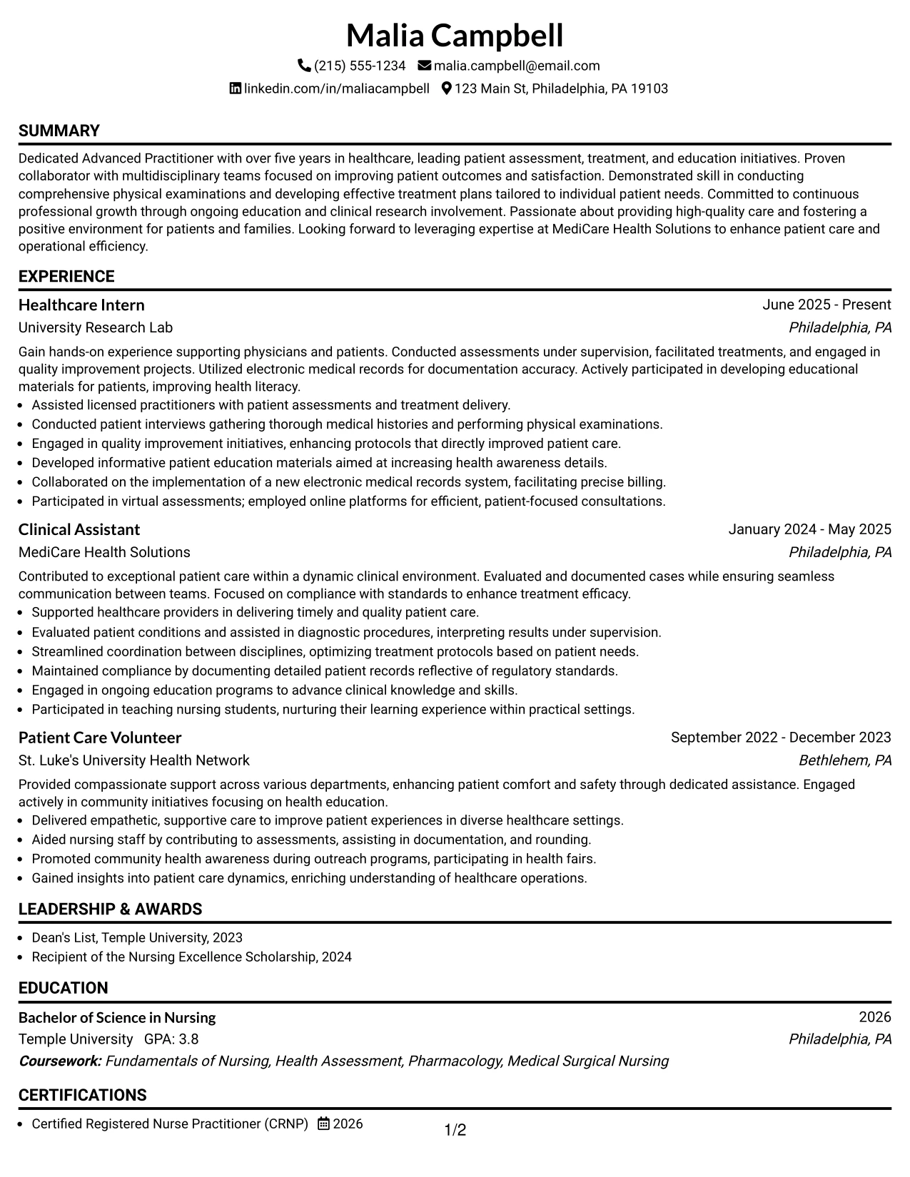 Resume Example Page 1