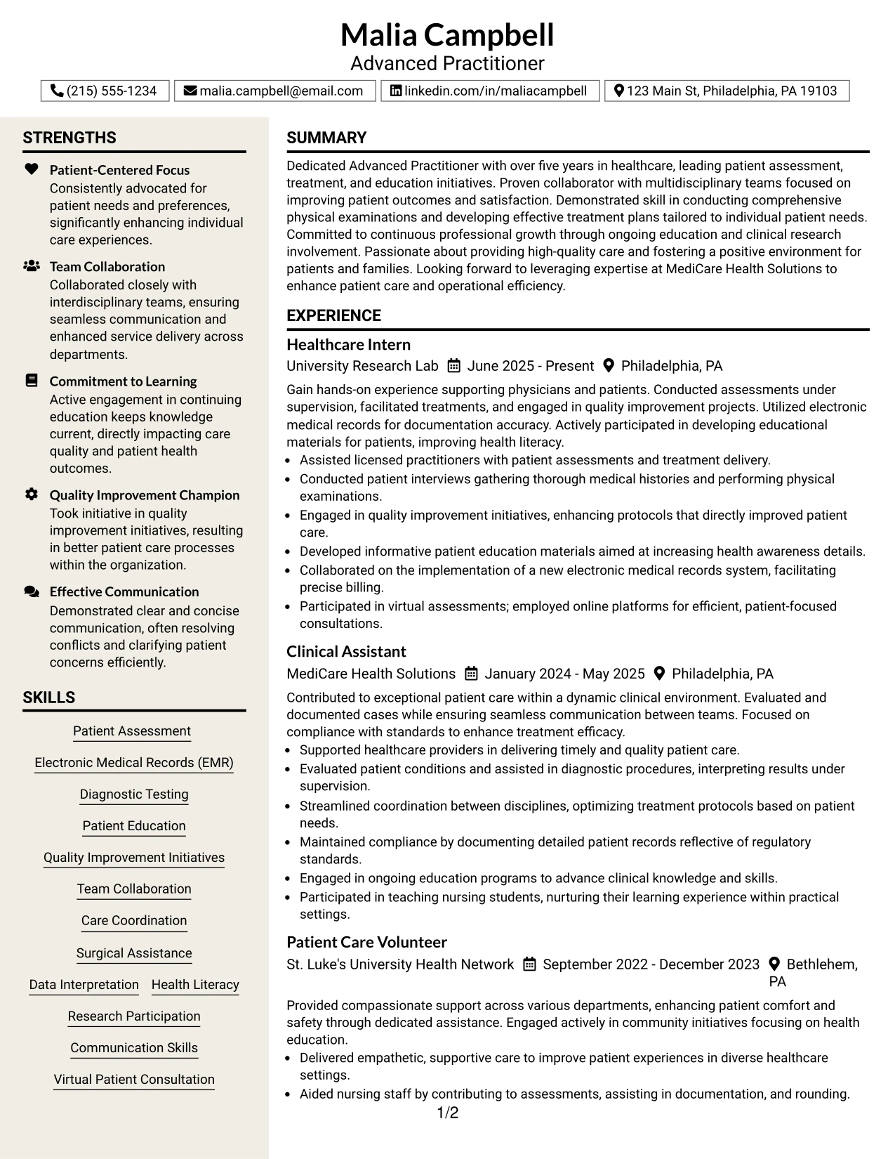 Resume Example Page 1