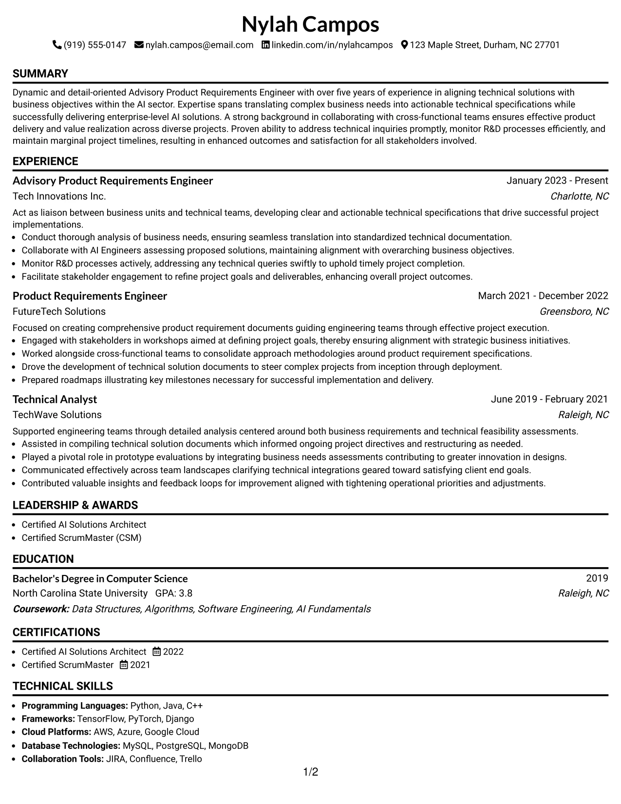 Resume Example Page 1