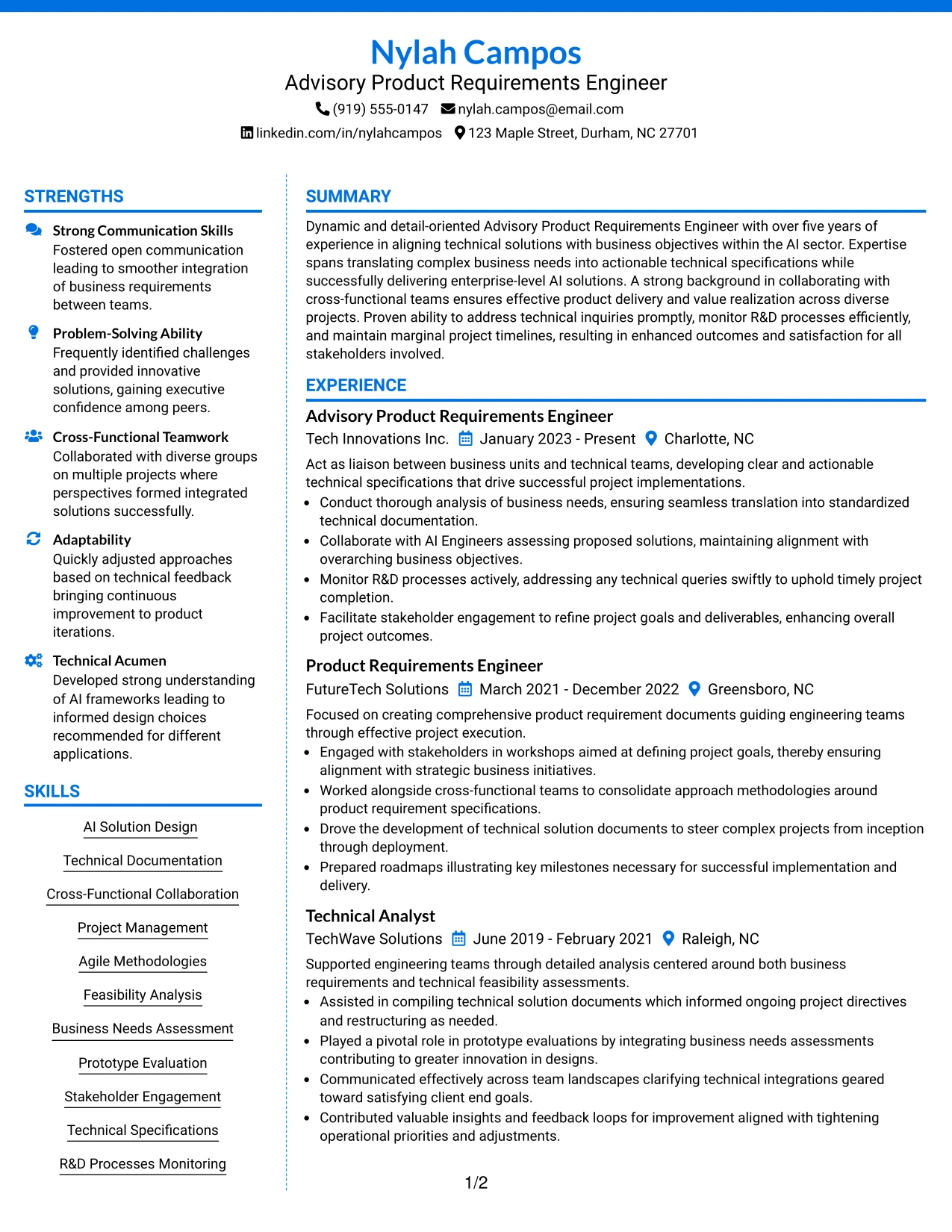 Resume Example Page 1