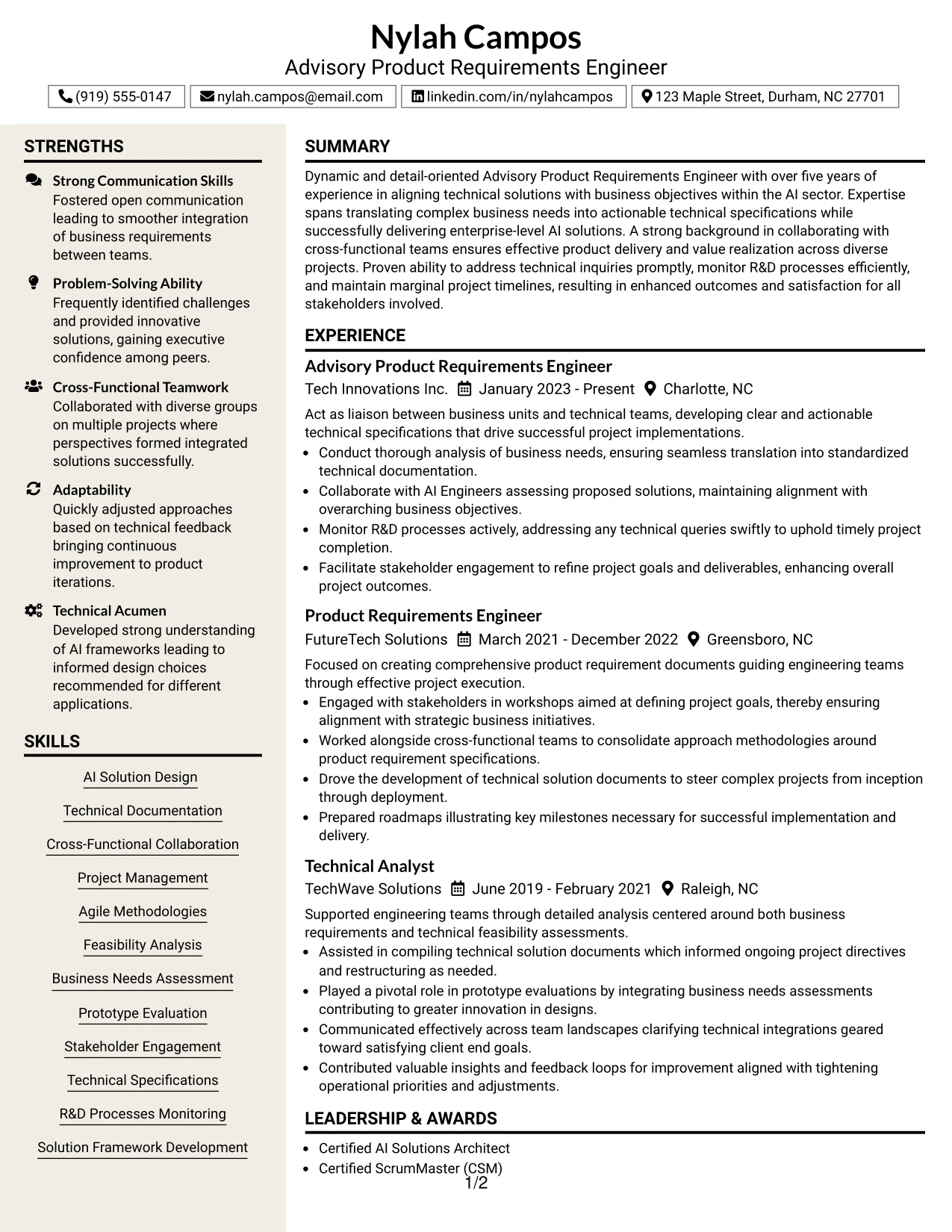 Resume Example Page 1