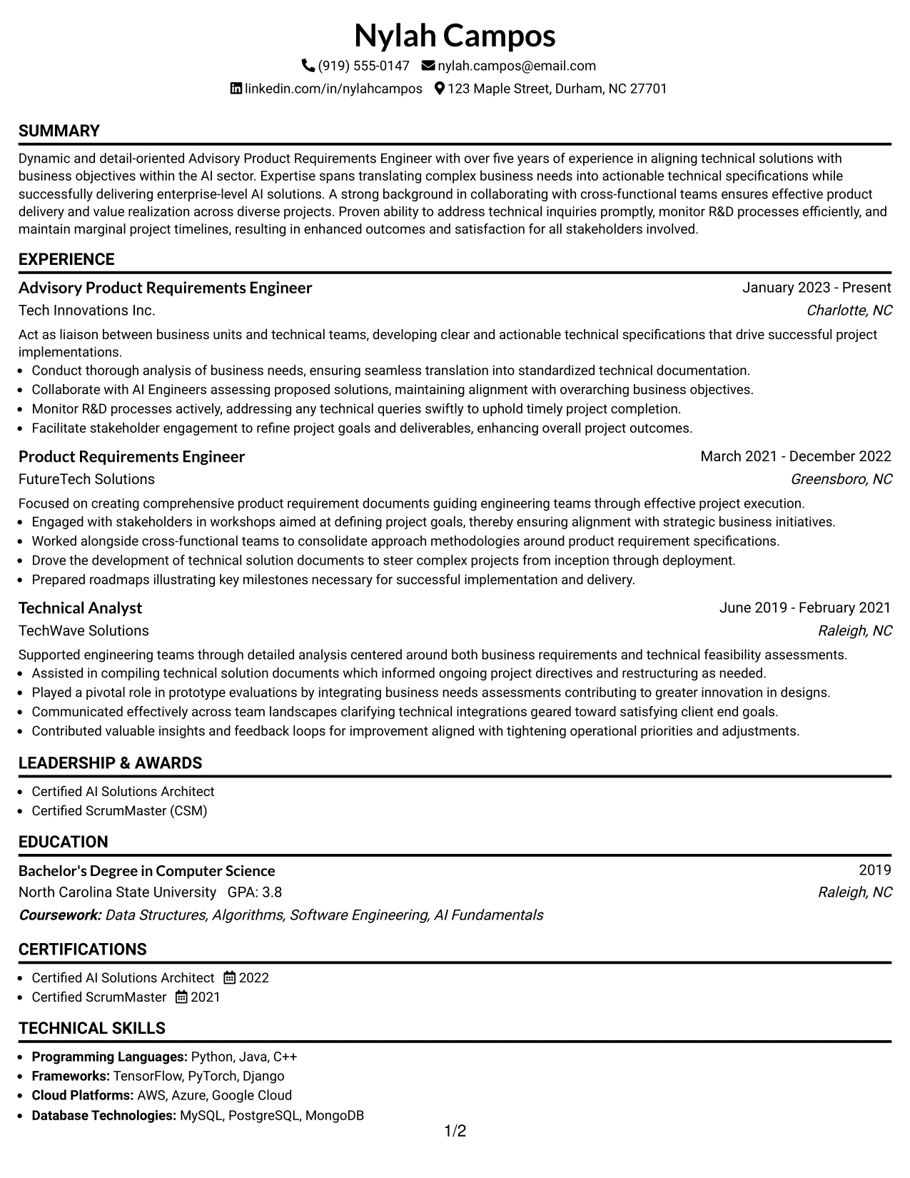 Resume Example Page 1