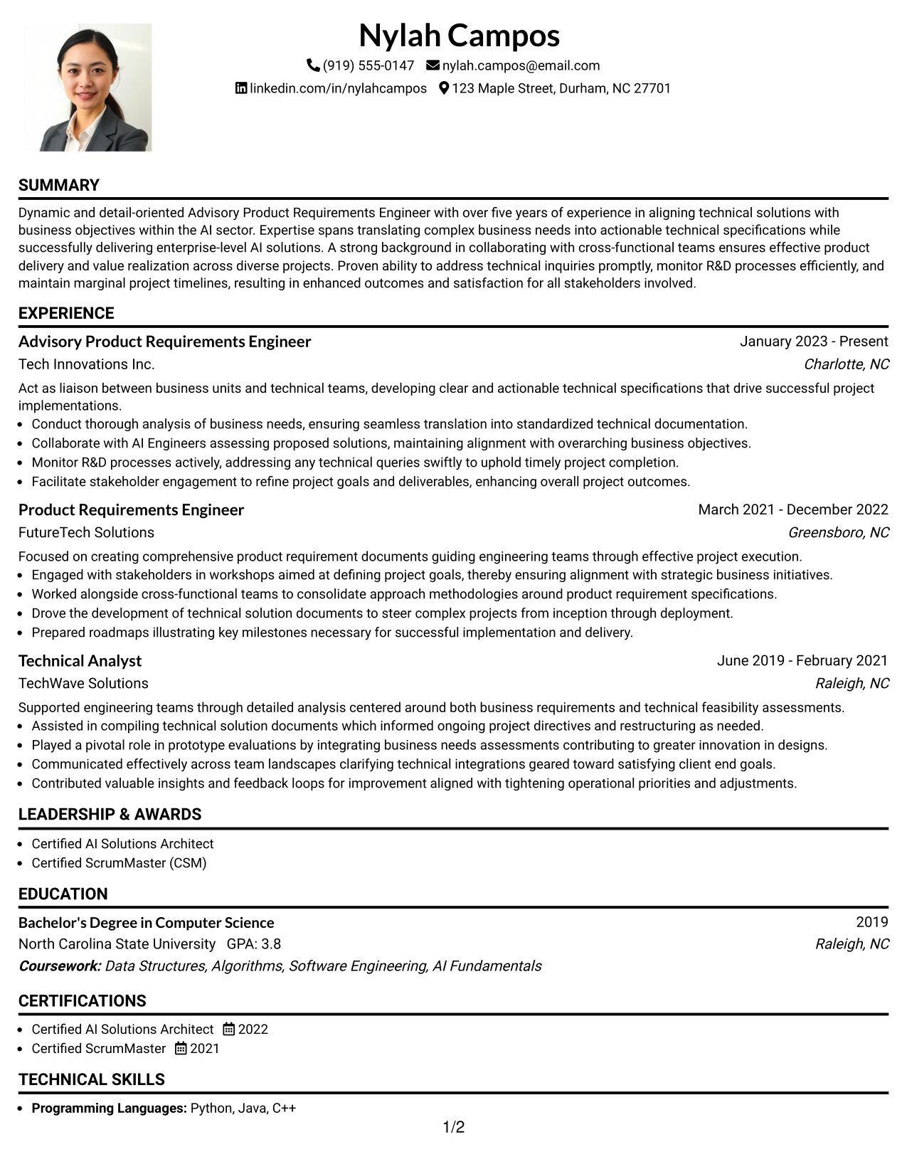 Resume Example Page 1