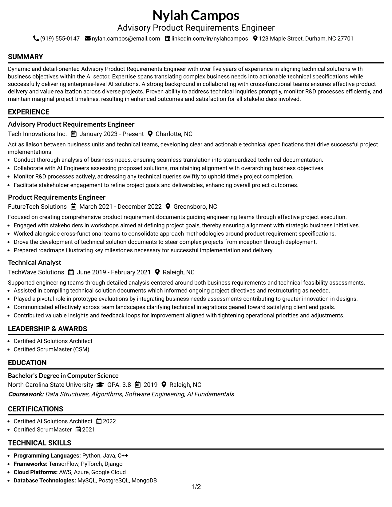 Resume Example Page 1