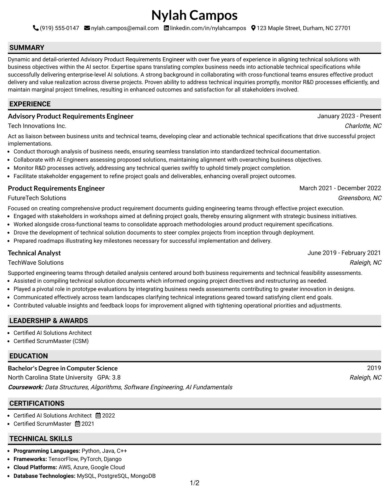 Resume Example Page 1