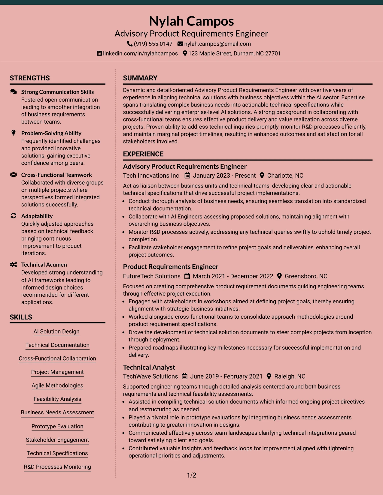 Resume Example Page 1