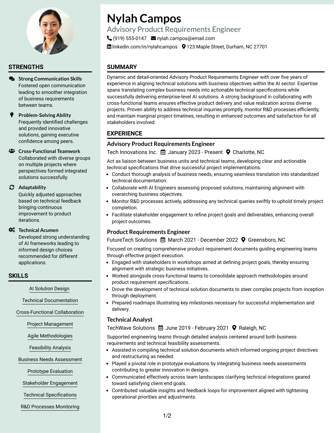 Resume Example Page 1