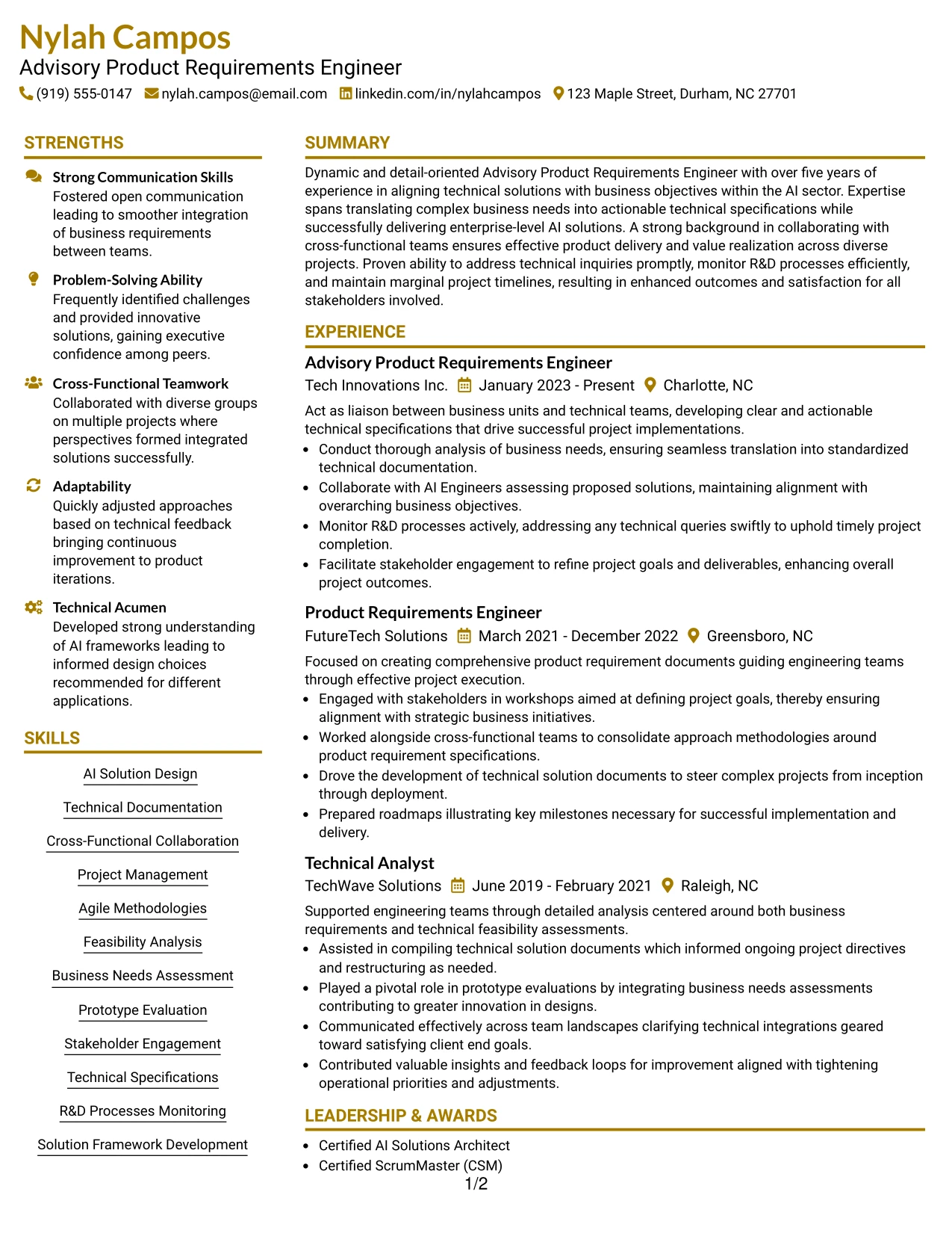 Resume Example Page 1