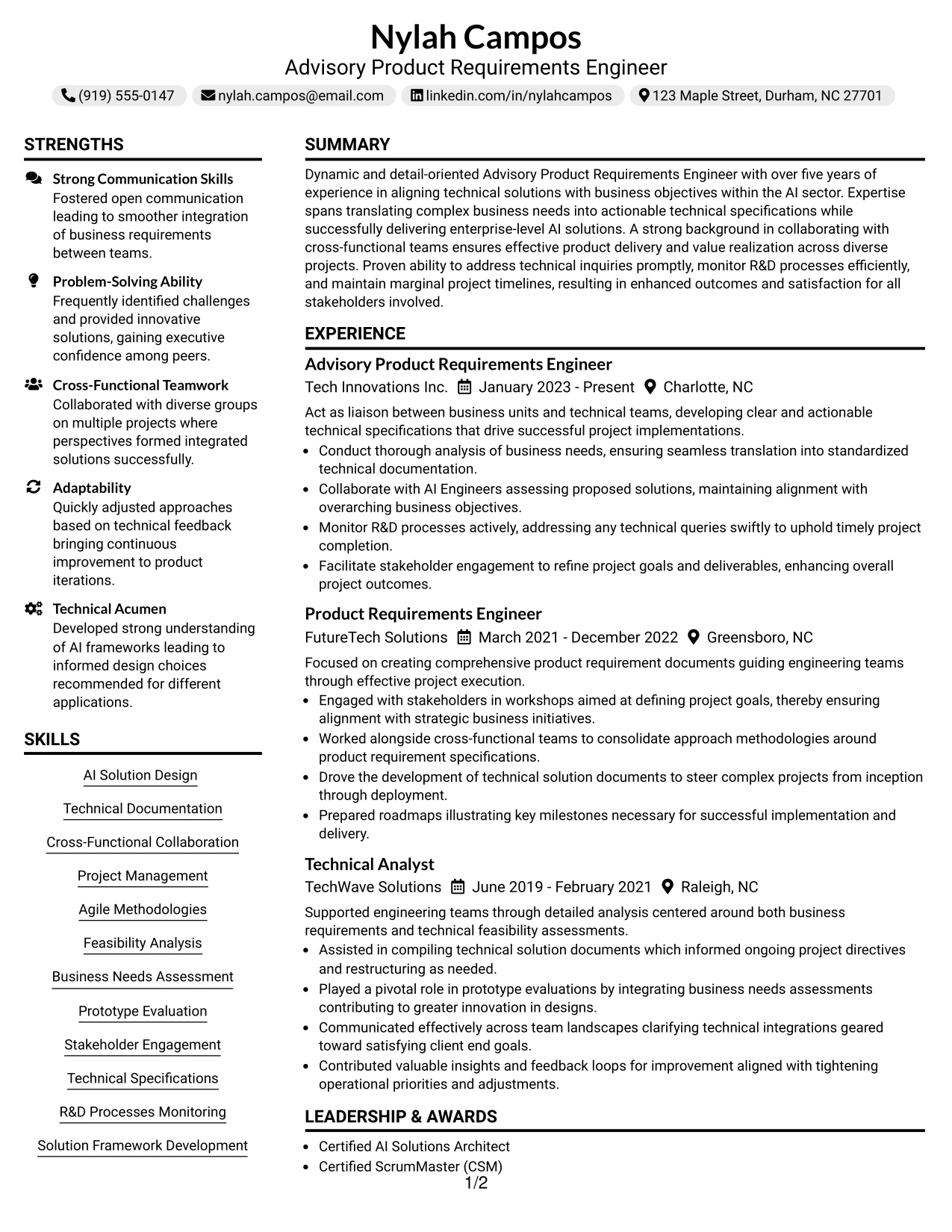 Resume Example Page 1