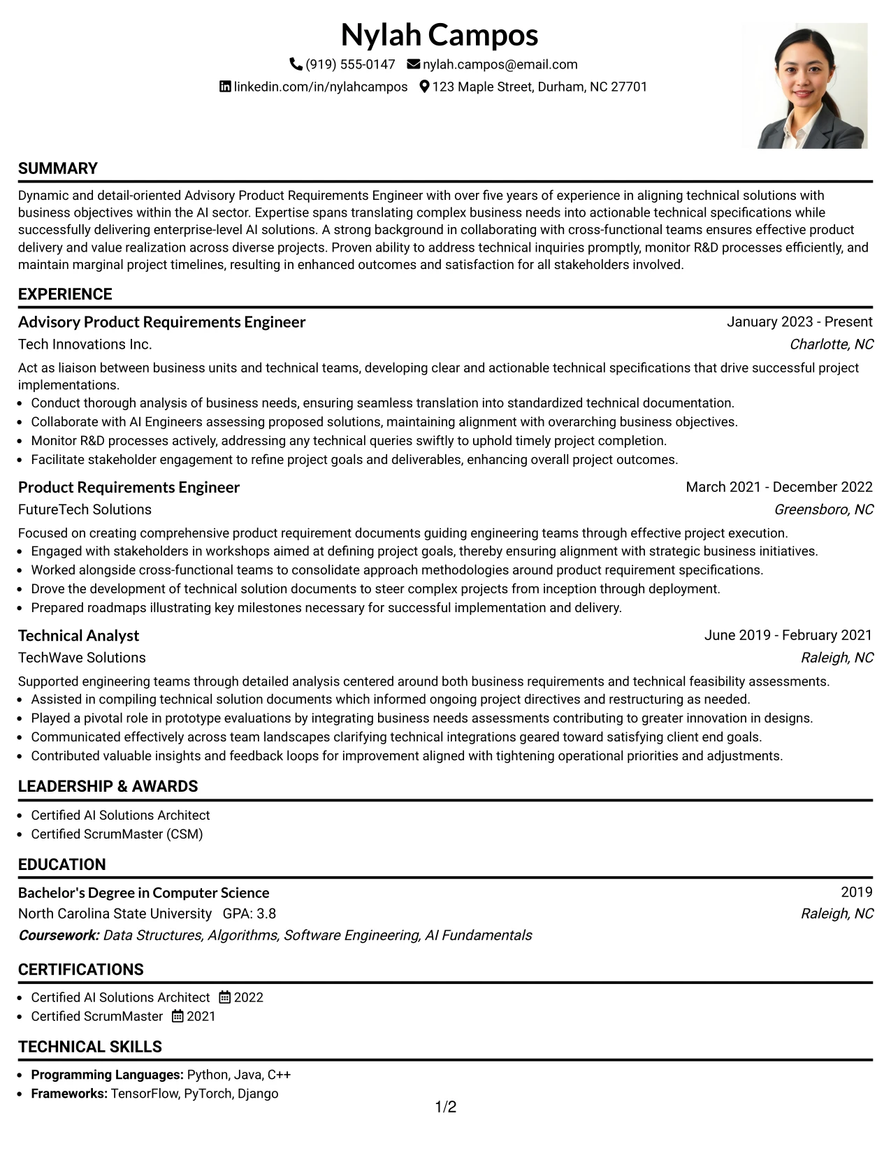 Resume Example Page 1