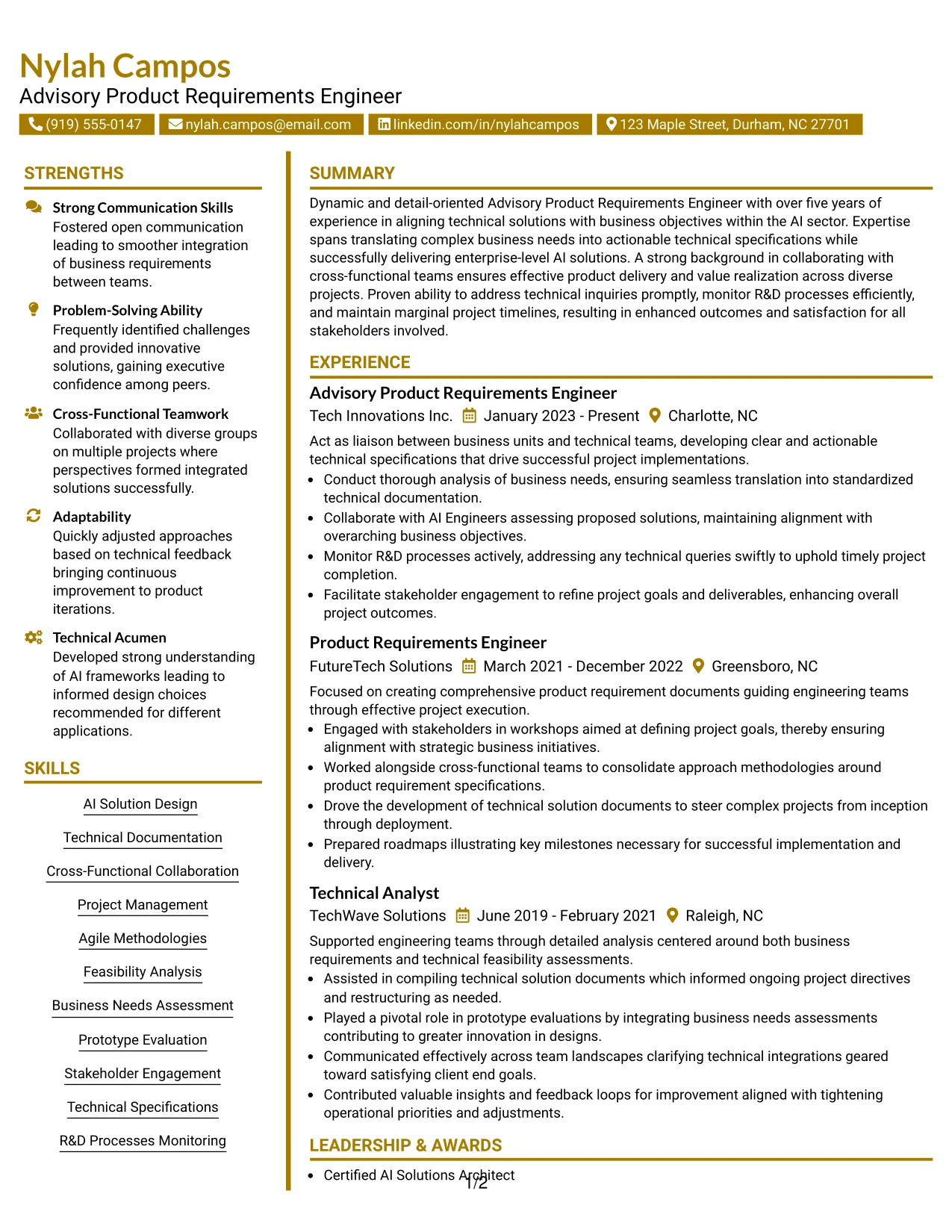 Resume Example Page 1