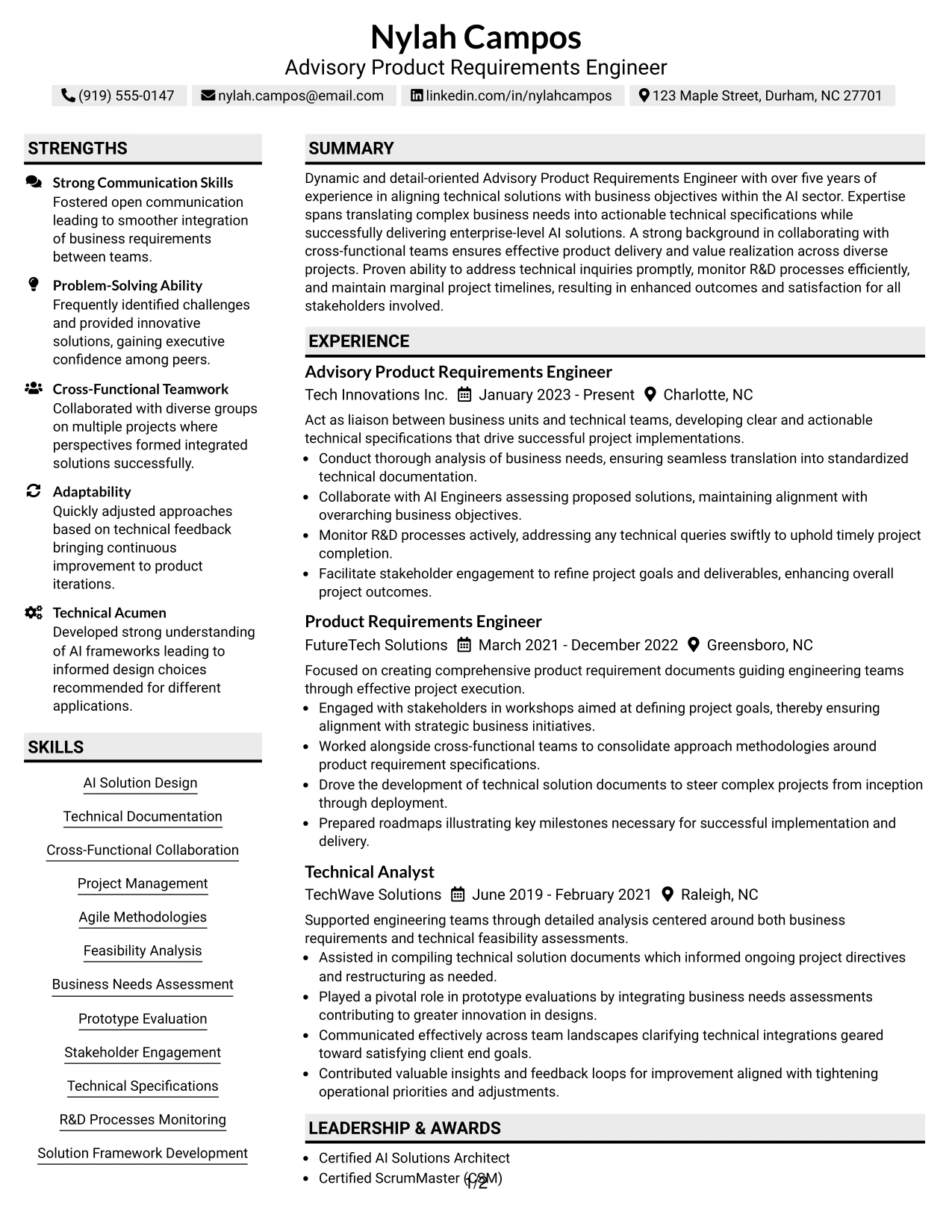 Resume Example Page 1