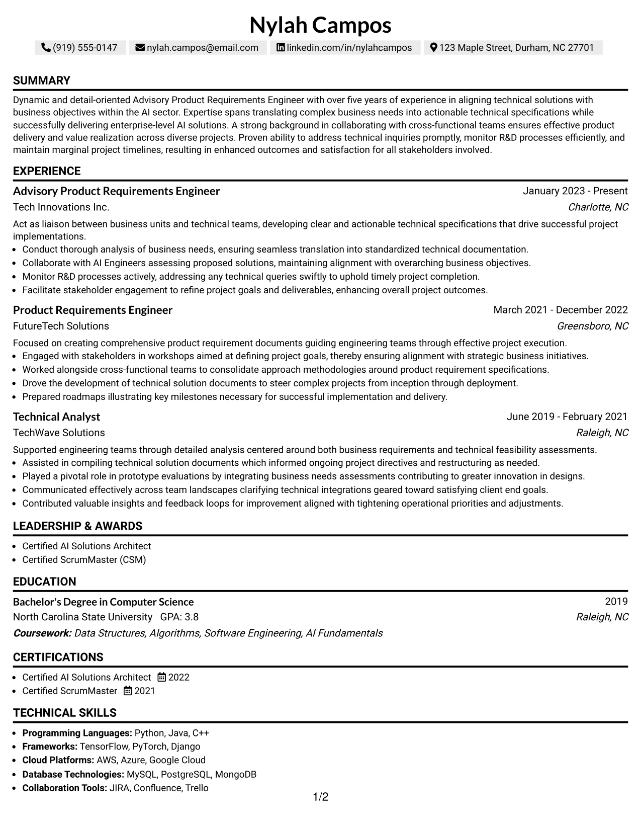 Resume Example Page 1