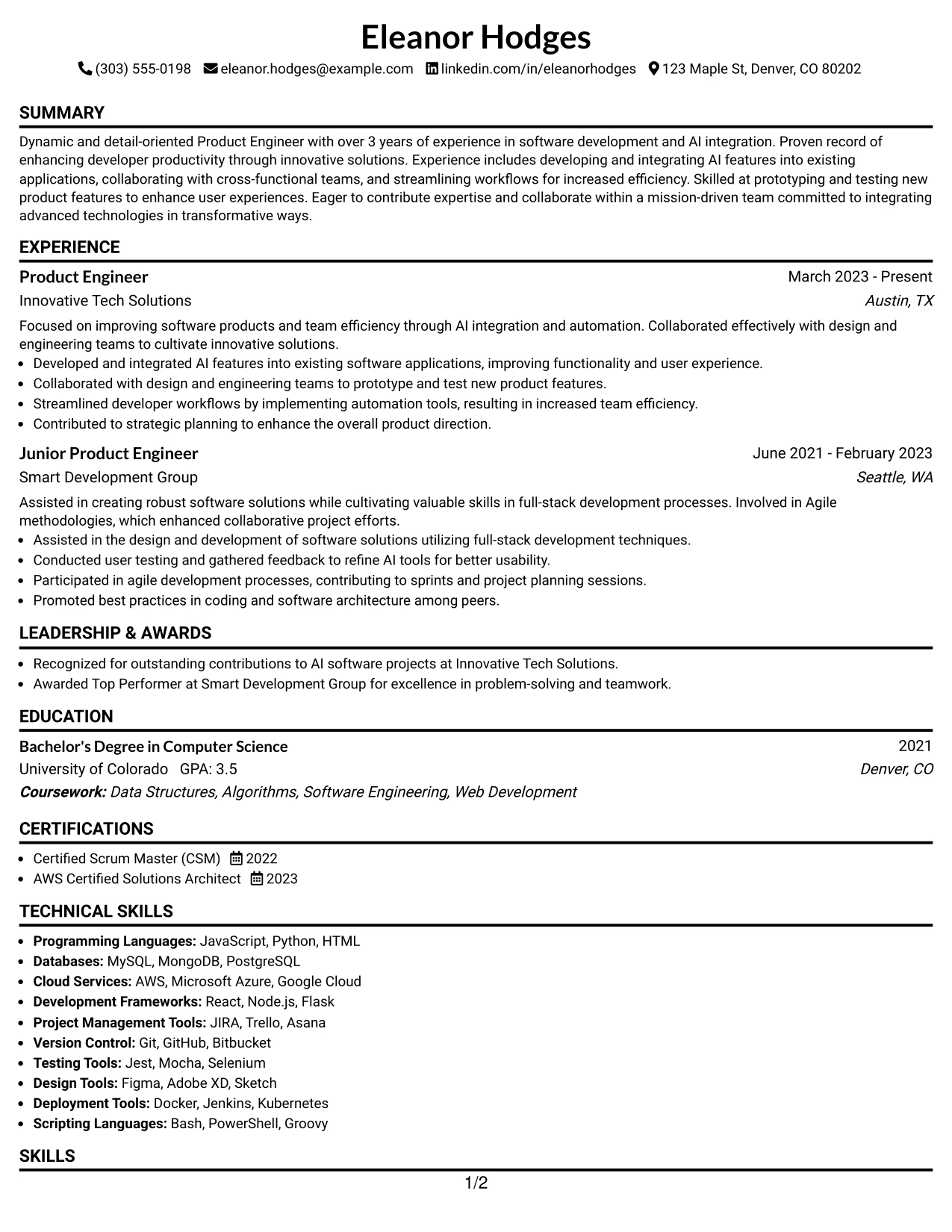 Resume Example Page 1