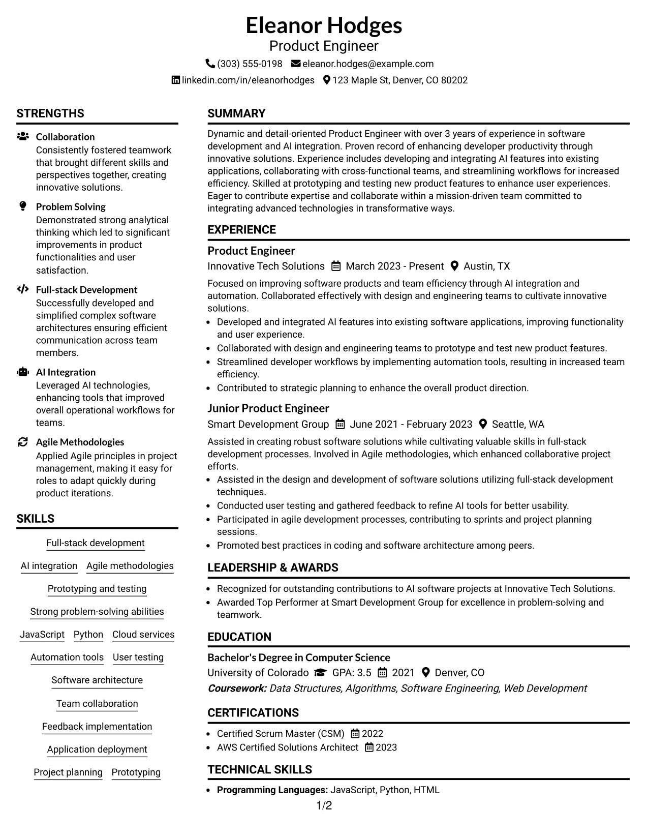 Resume Example Page 1