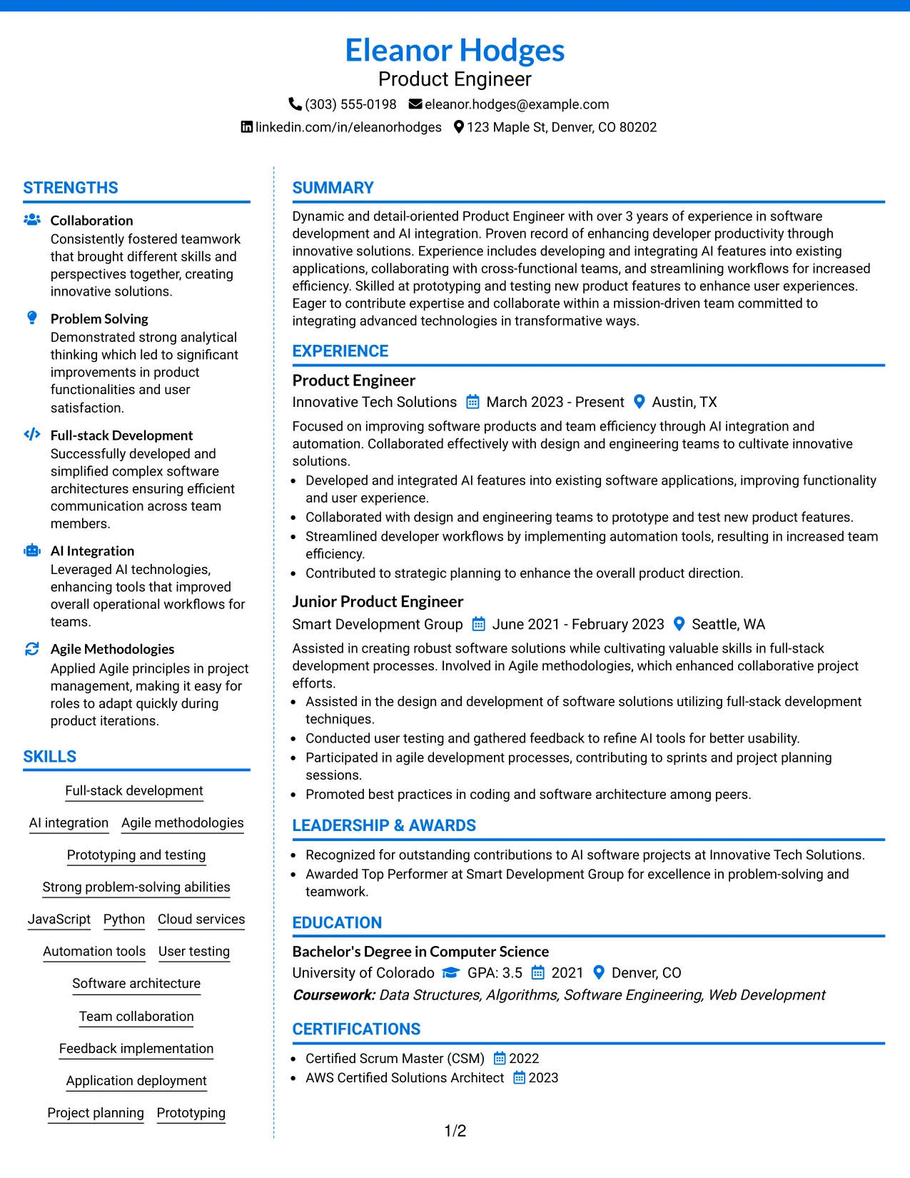 Resume Example Page 1