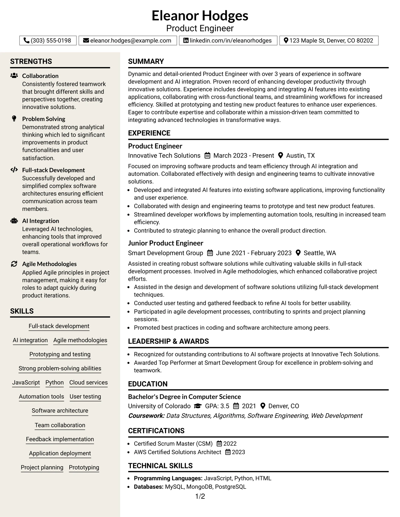 Resume Example Page 1