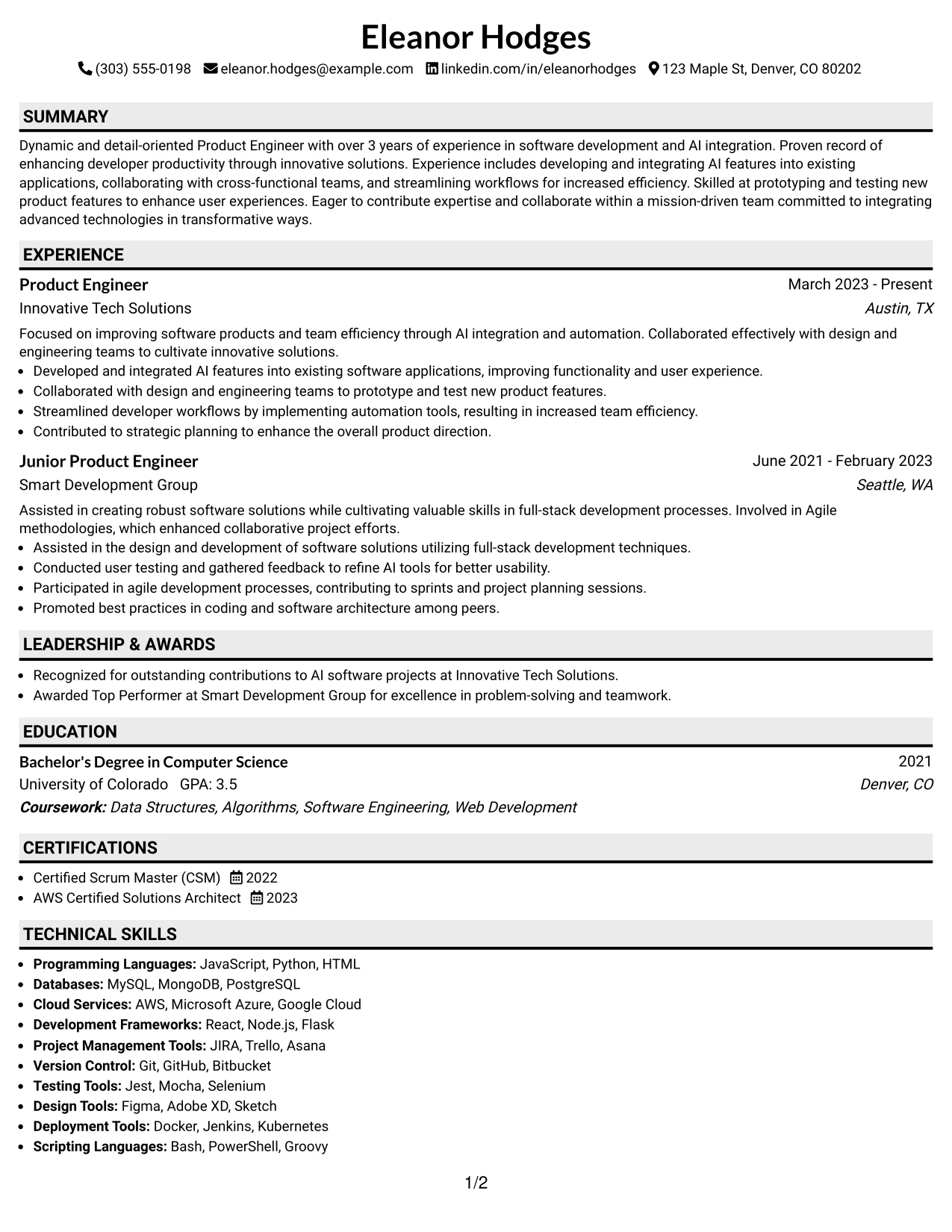 Resume Example Page 1