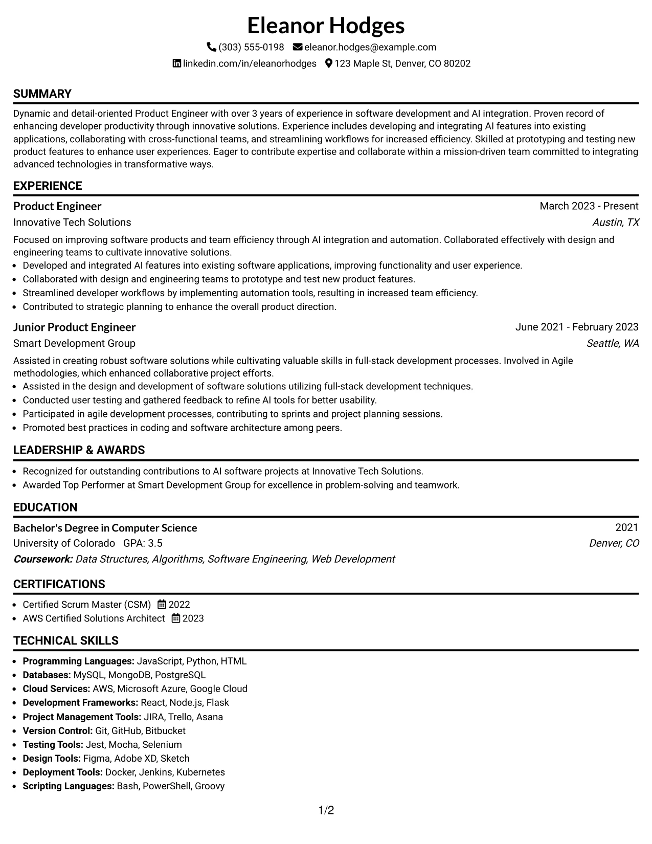 Resume Example Page 1