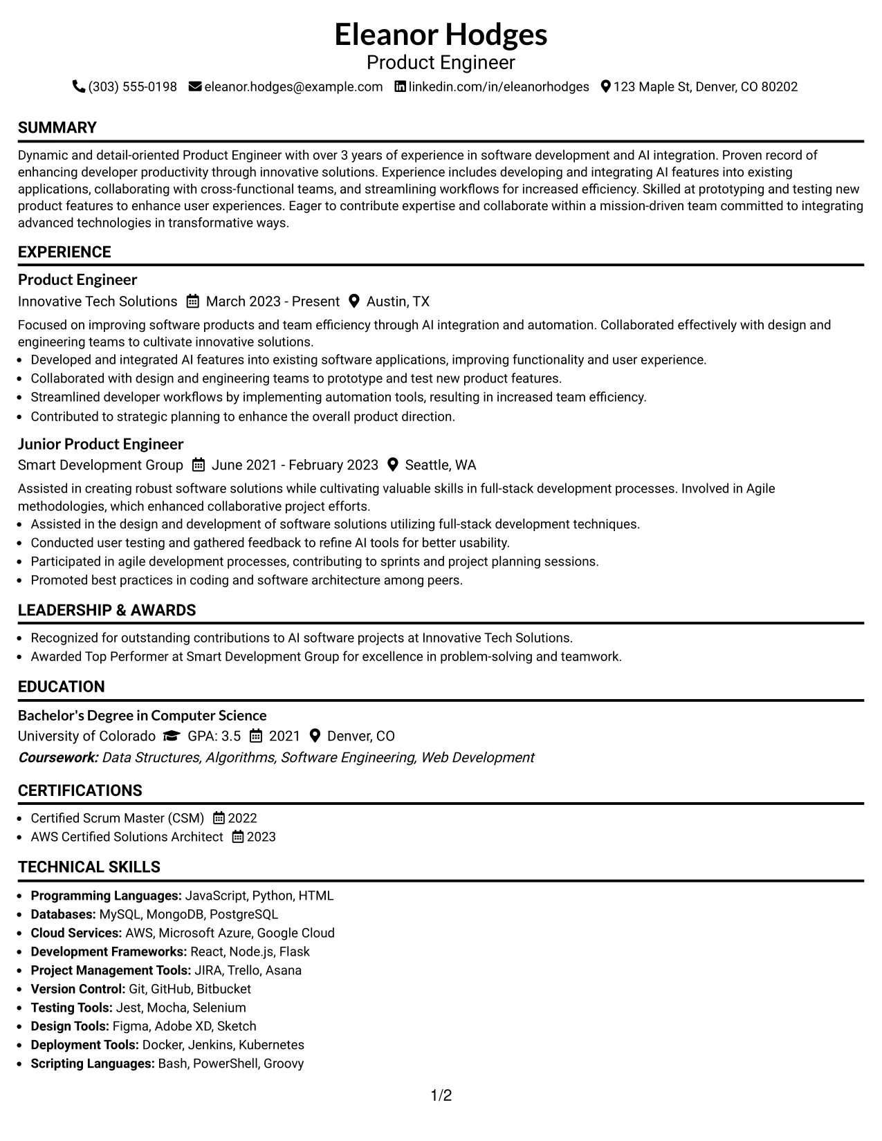 Resume Example Page 1