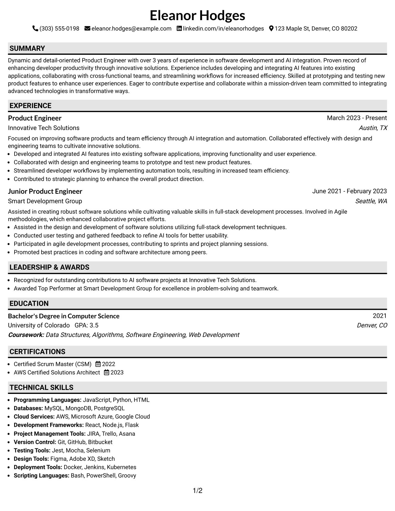 Resume Example Page 1