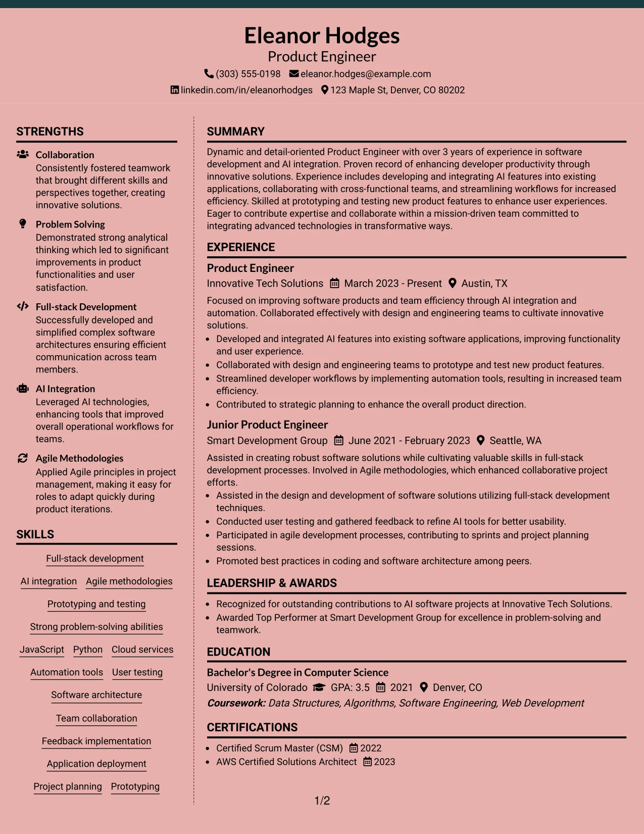 Resume Example Page 1